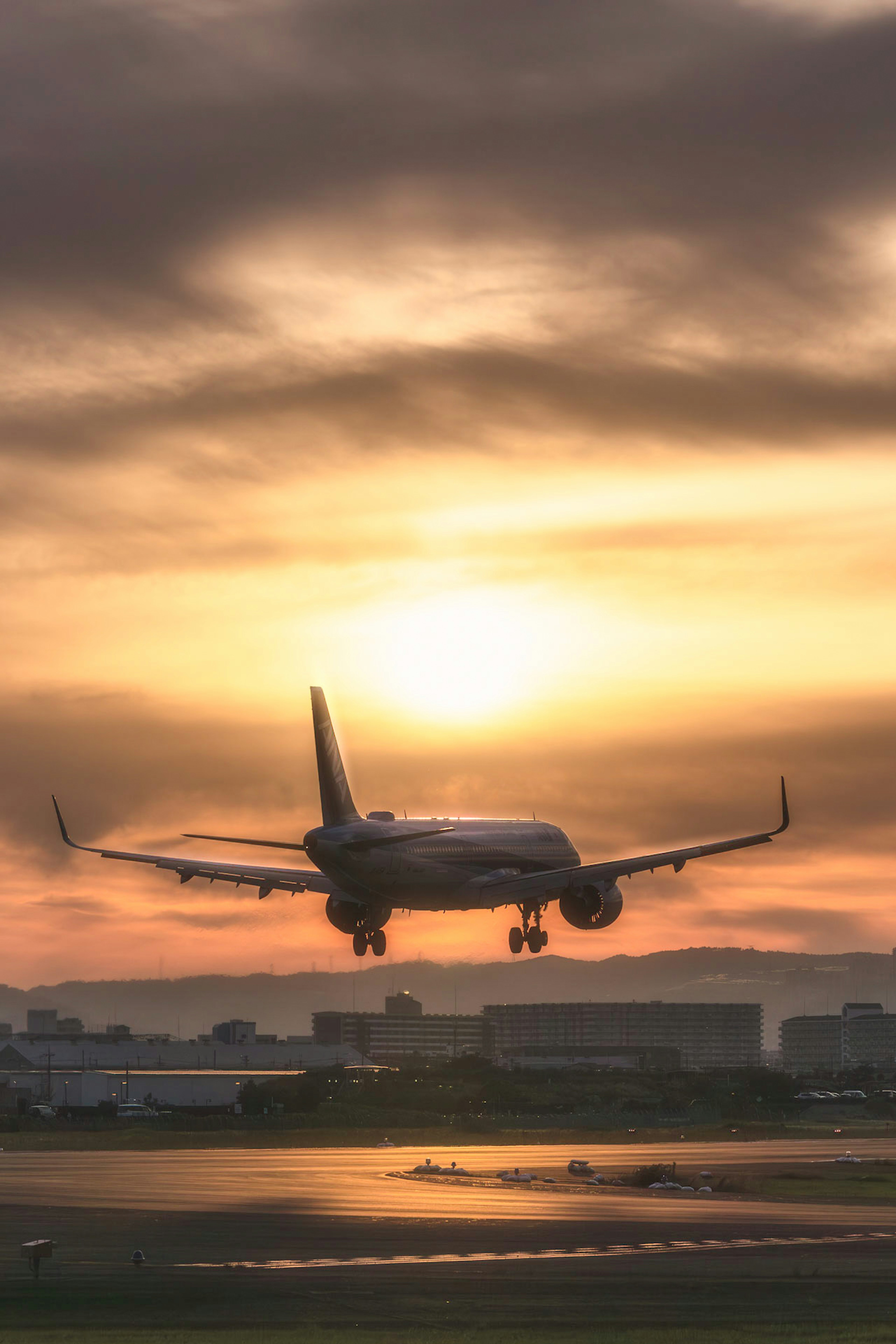 Airplane landing against a sunset