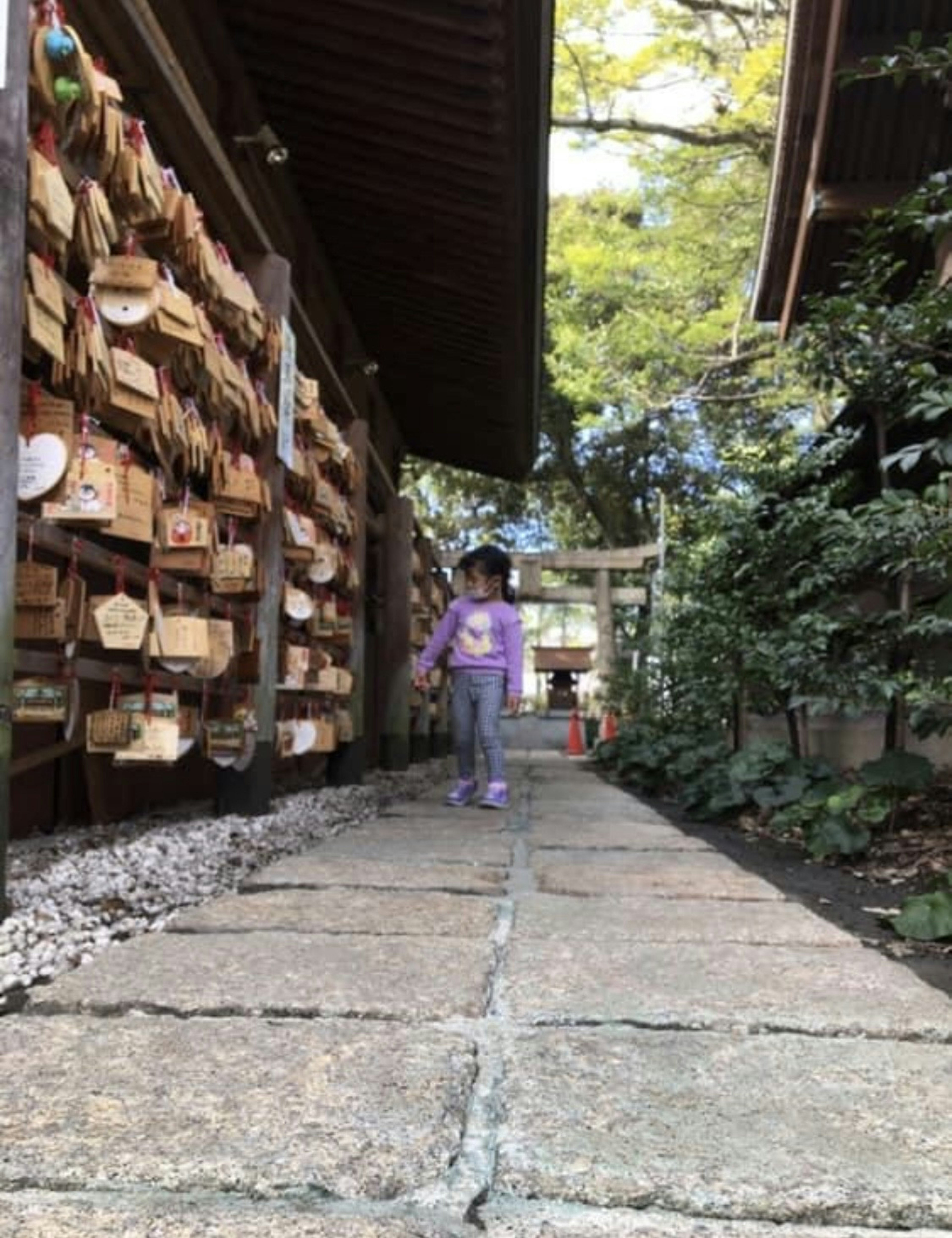 Niño caminando por un camino de piedra junto a tablillas de oración de madera y vegetación