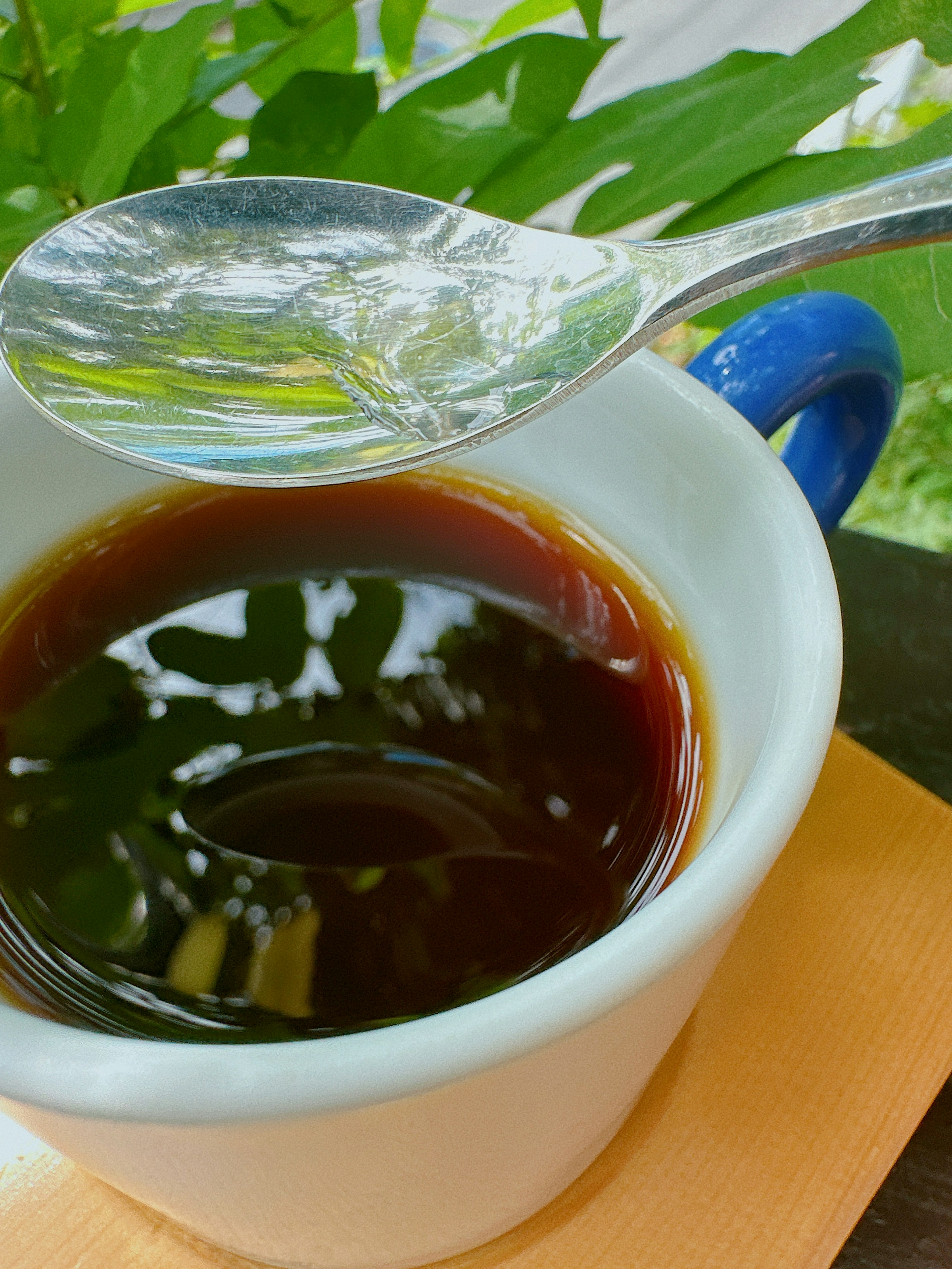 Close-up of a coffee cup filled with dark coffee and a spoon reflecting green leaves