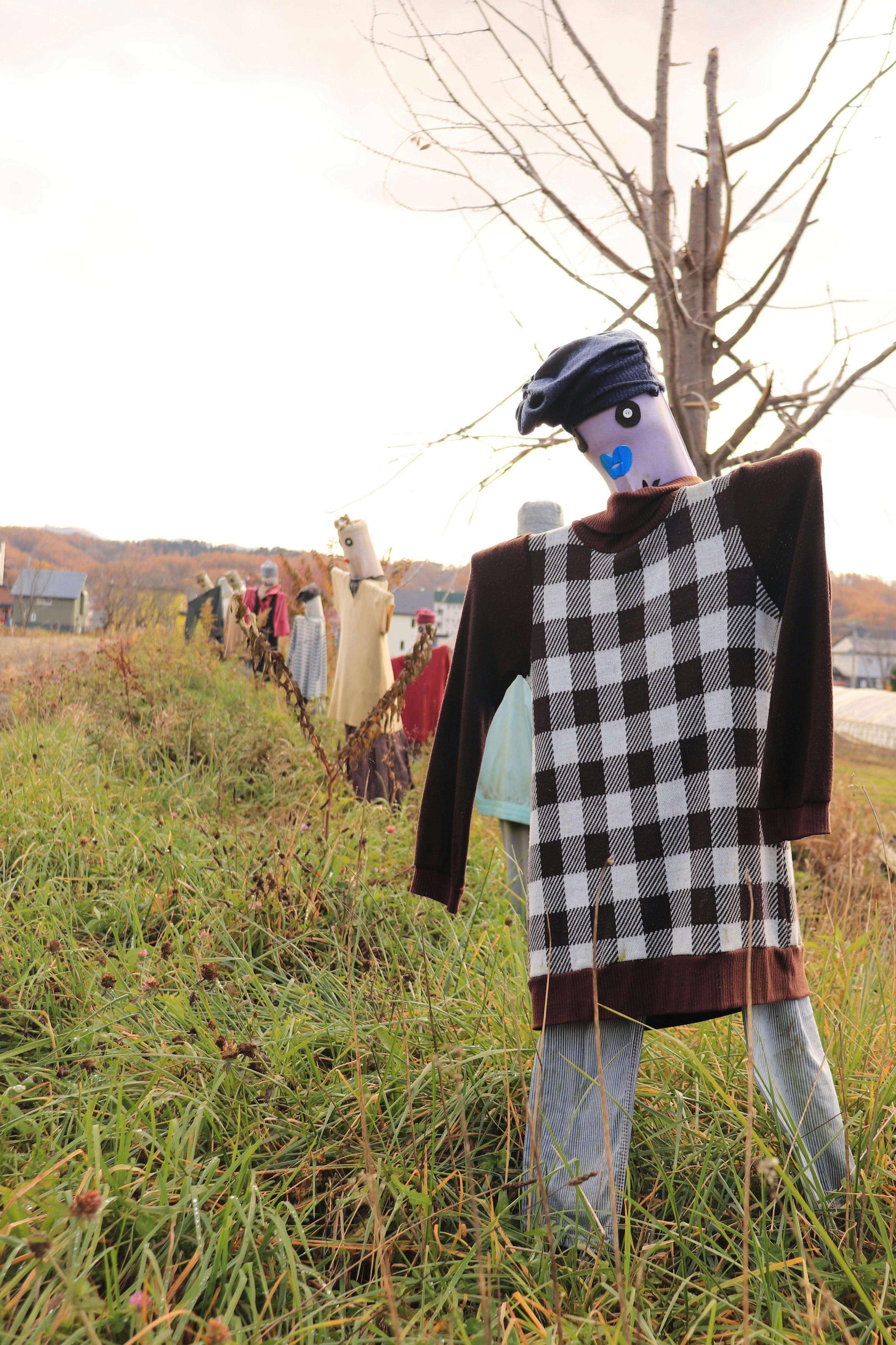 A group of colorful scarecrows standing in a grassy field featuring unique clothing and designs