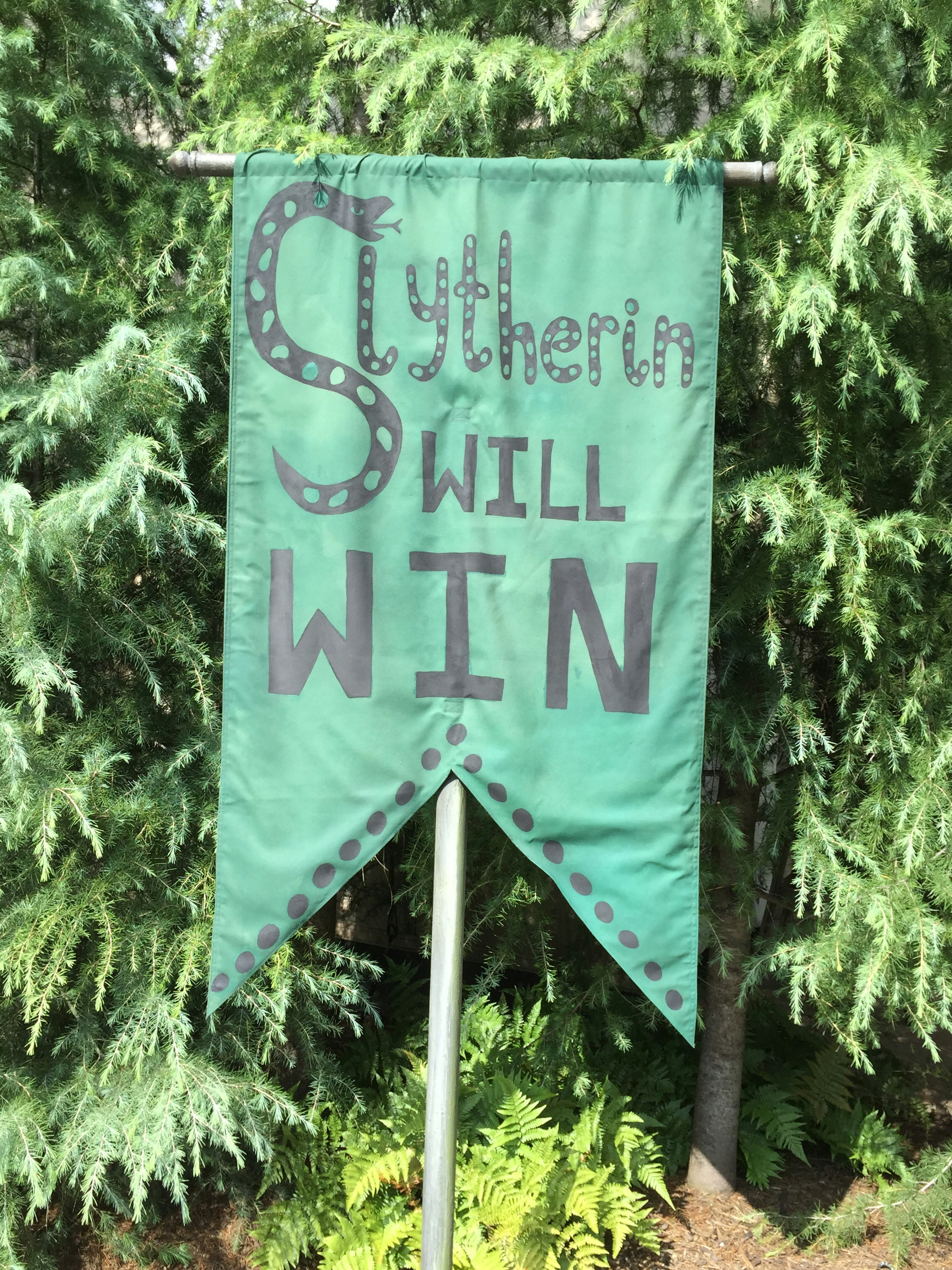 Una bandera de Slytherin con la frase WILL WIN en letras grandes