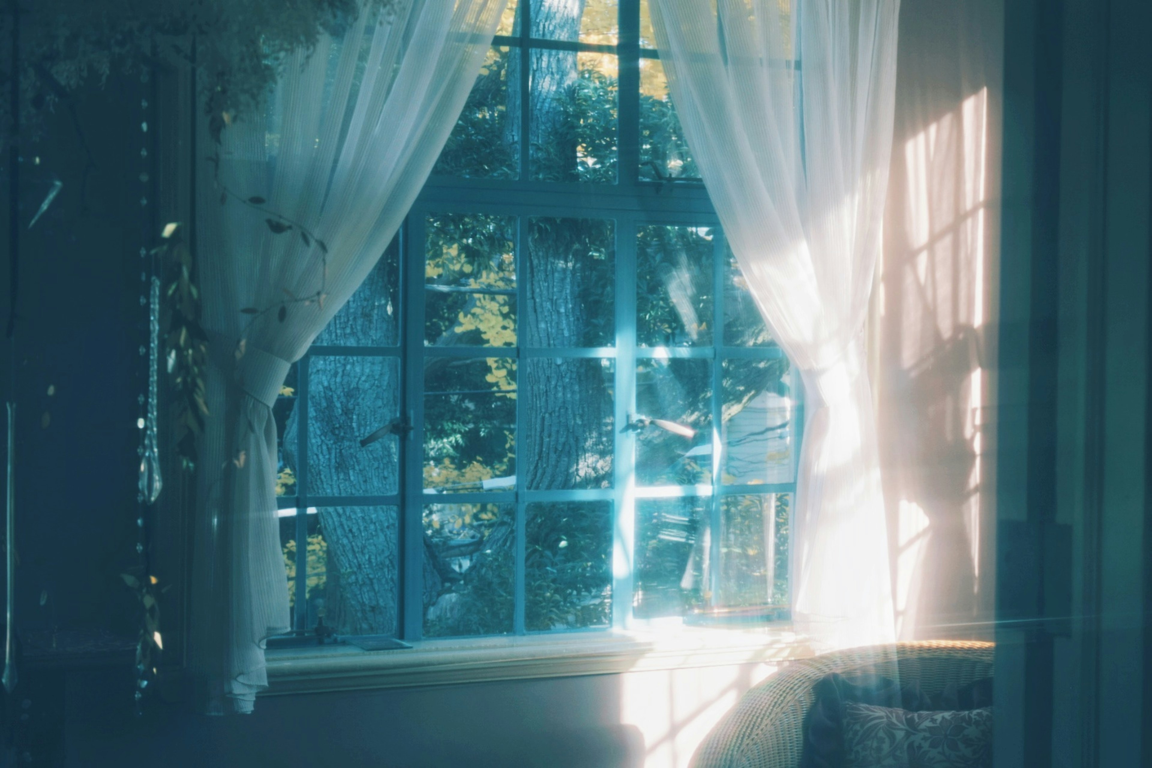 Vista interior de una habitación con ventana azul y luz suave filtrándose a través de las cortinas