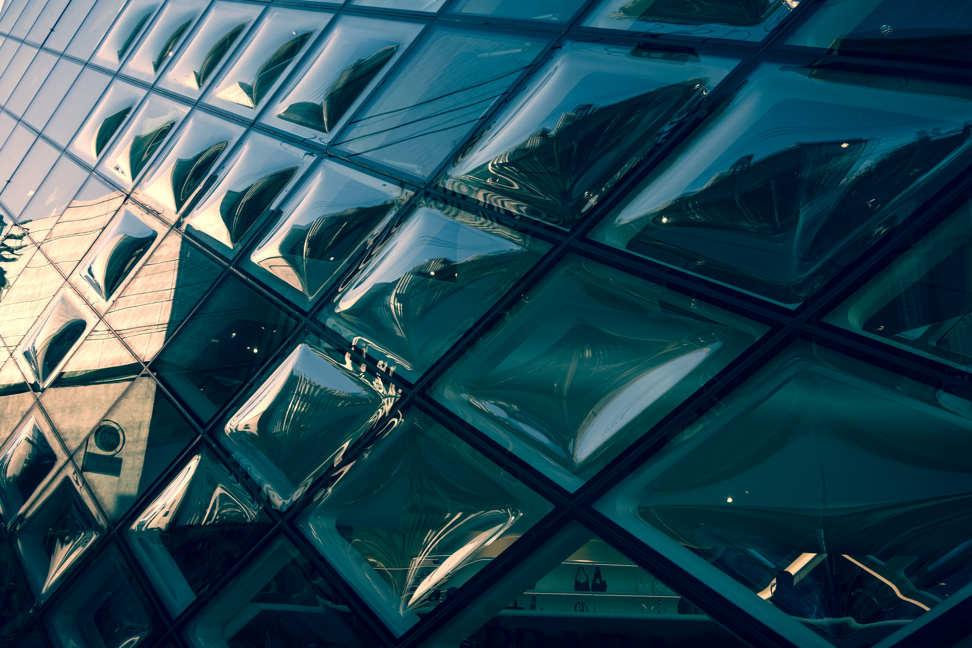 Building exterior with diamond-shaped glass pattern