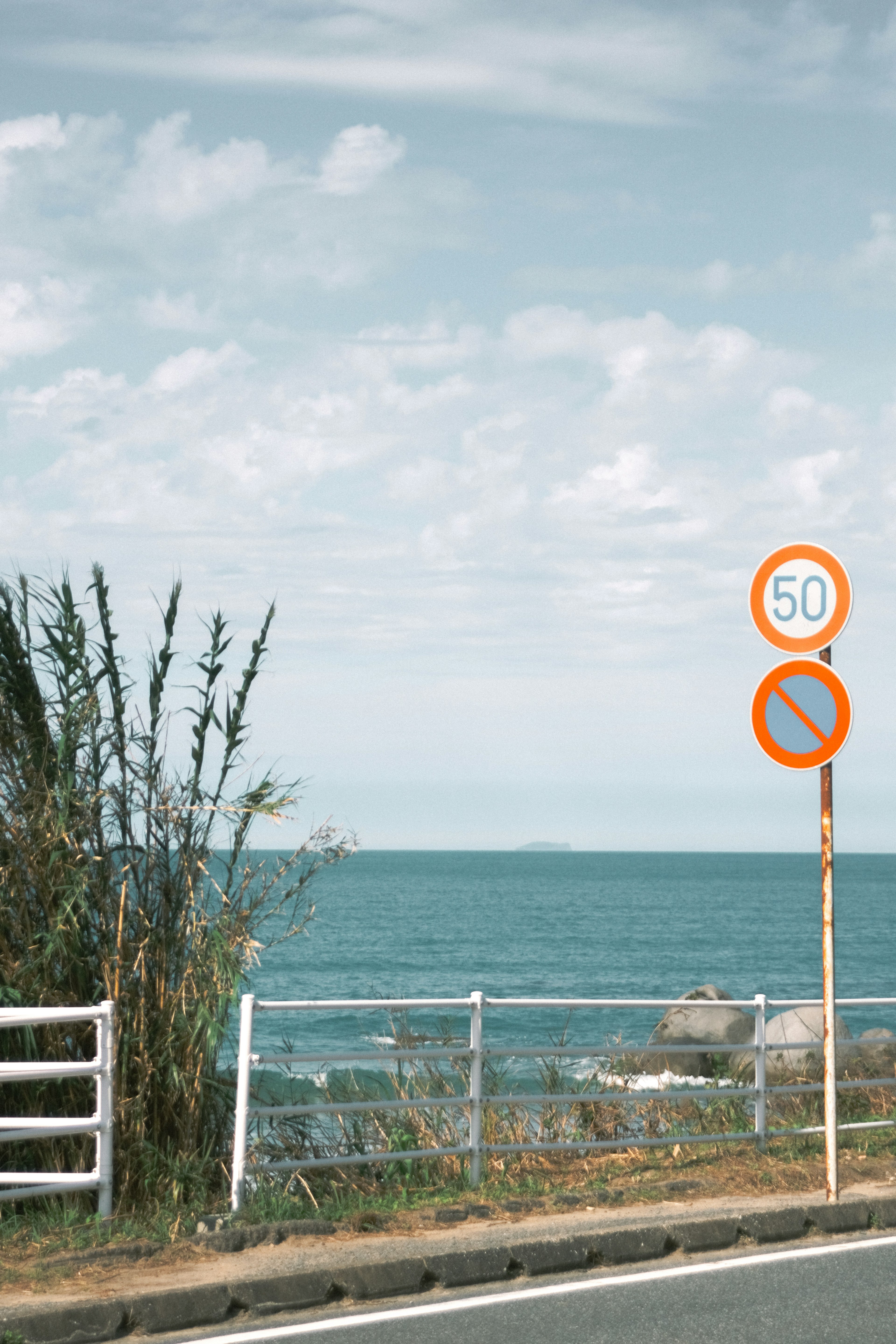 Carretera costera con señal de límite de velocidad y vista al océano