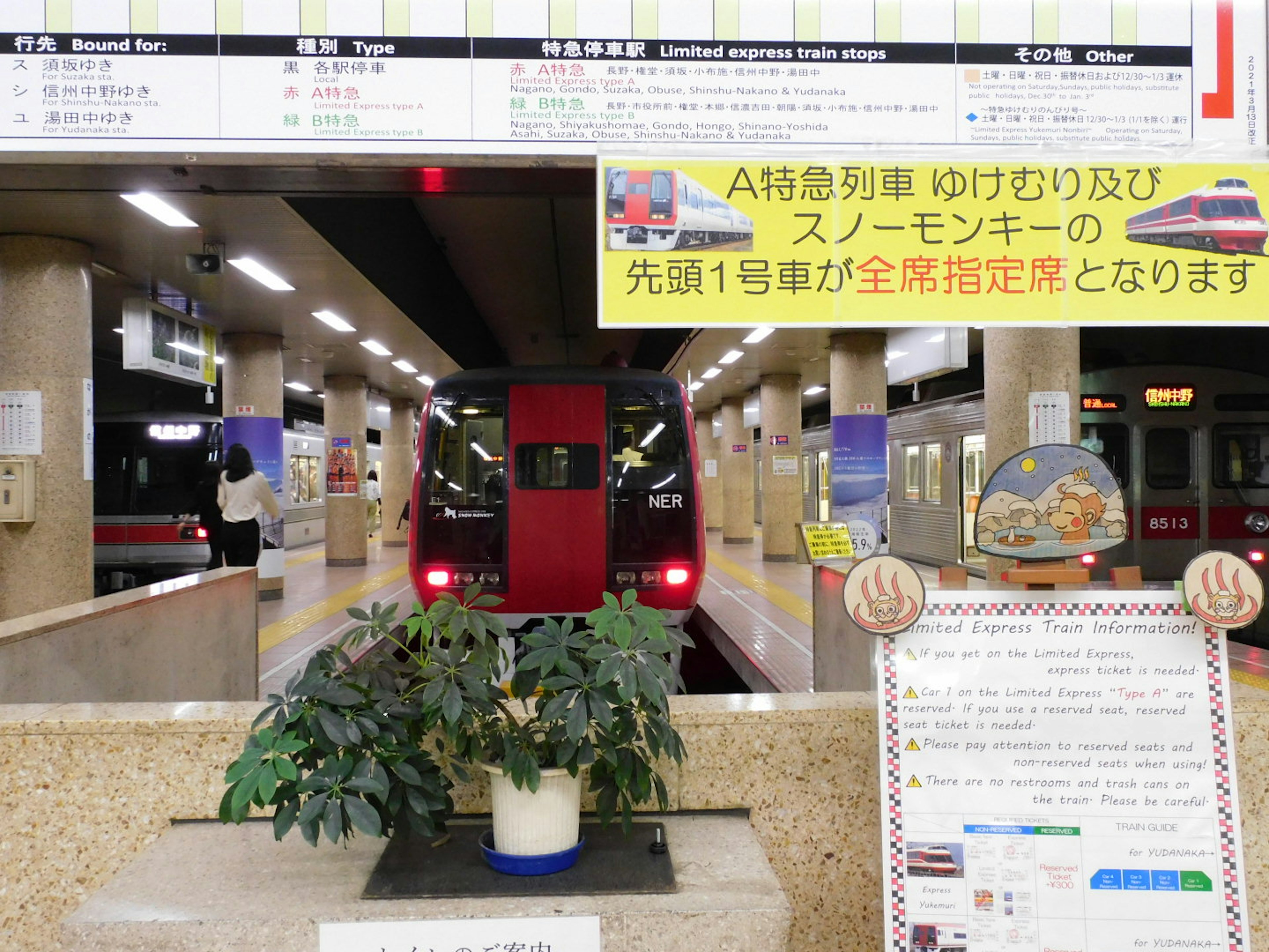 駅のプラットフォームに停車中の電車と観葉植物