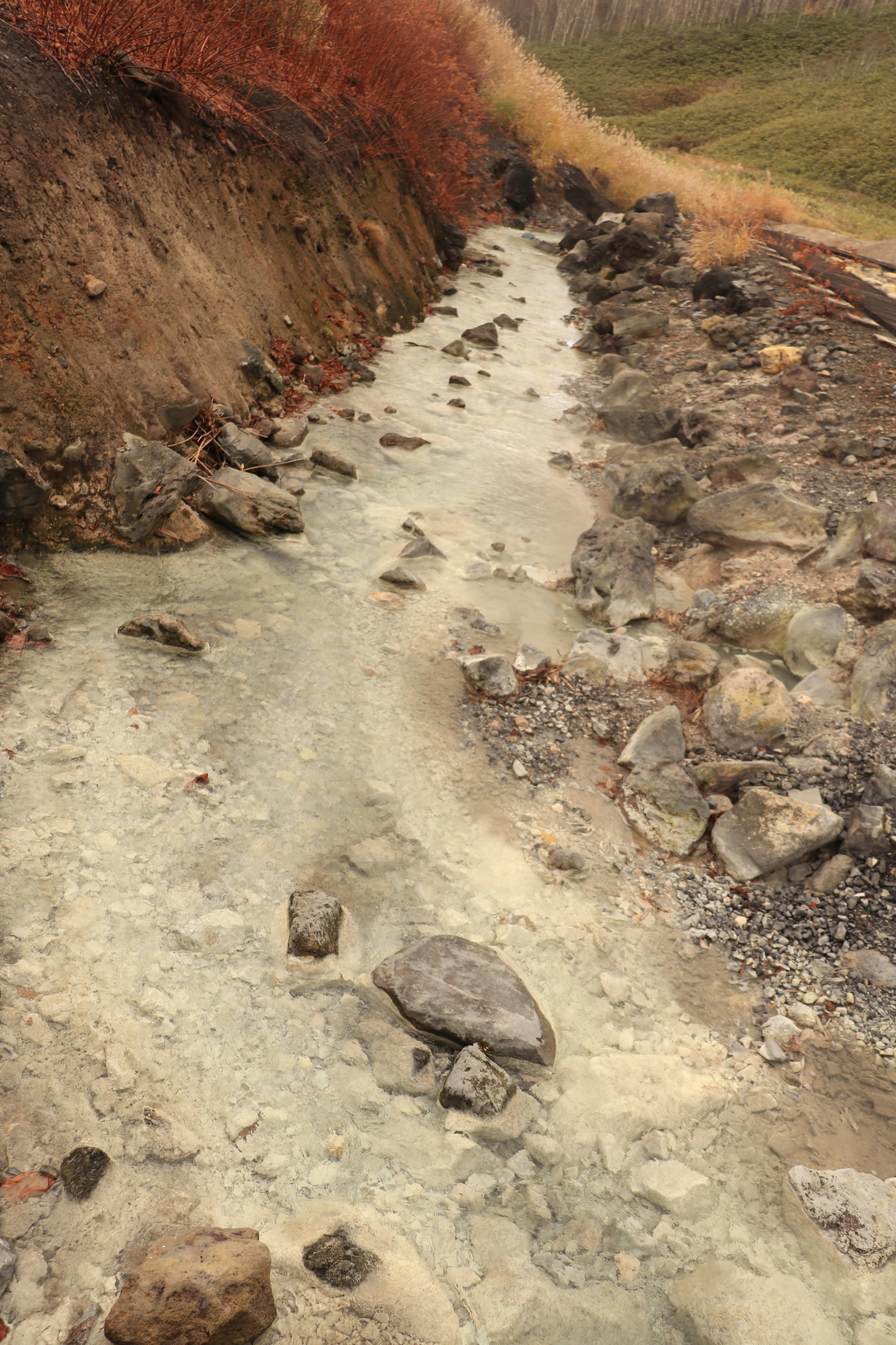 Pemandangan dengan aliran sungai dan batu-batu dikelilingi oleh rumput coklat dan hijau