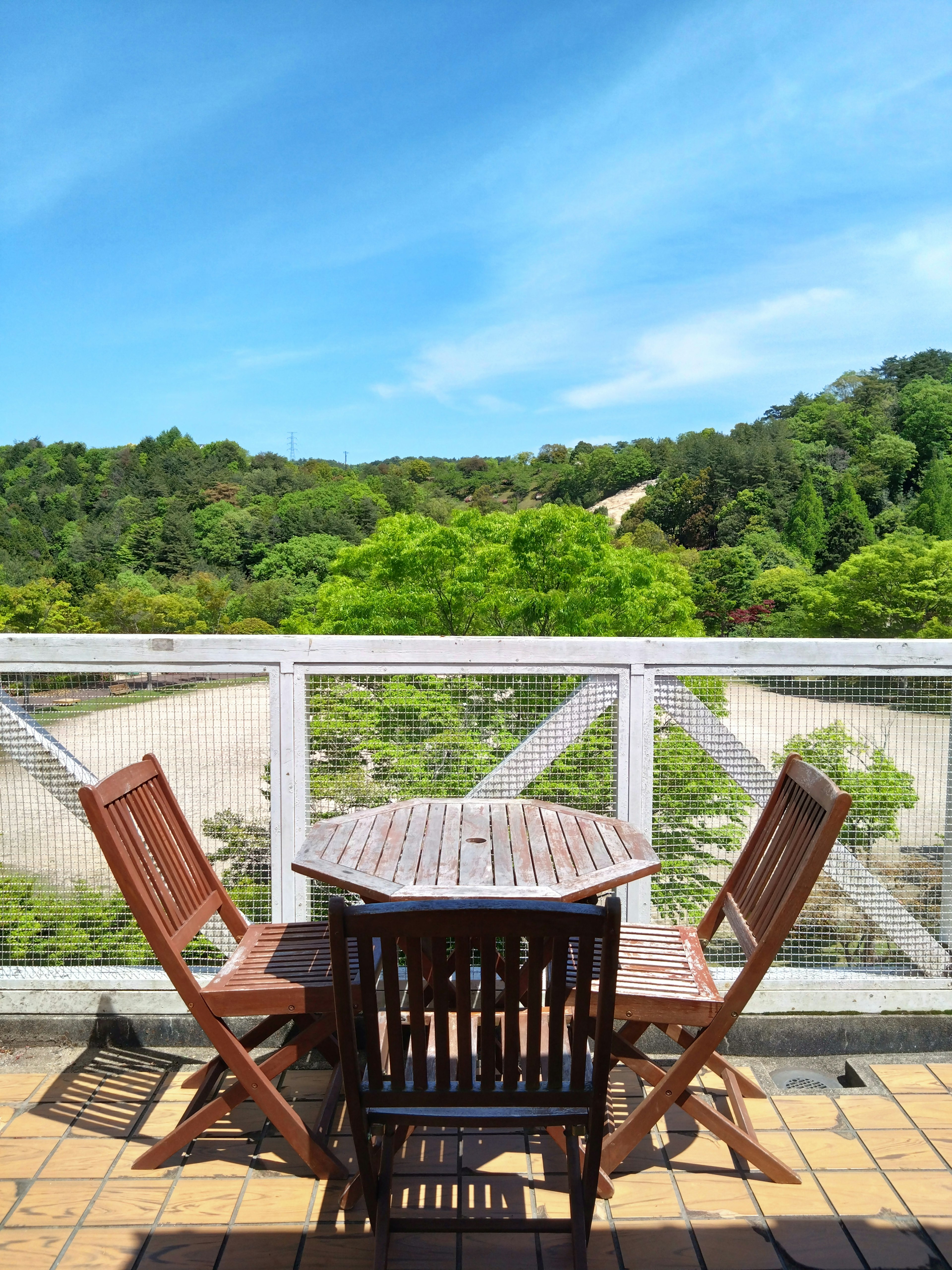 Holztisch und Stühle auf einem Balkon mit Blick auf üppiges Grün