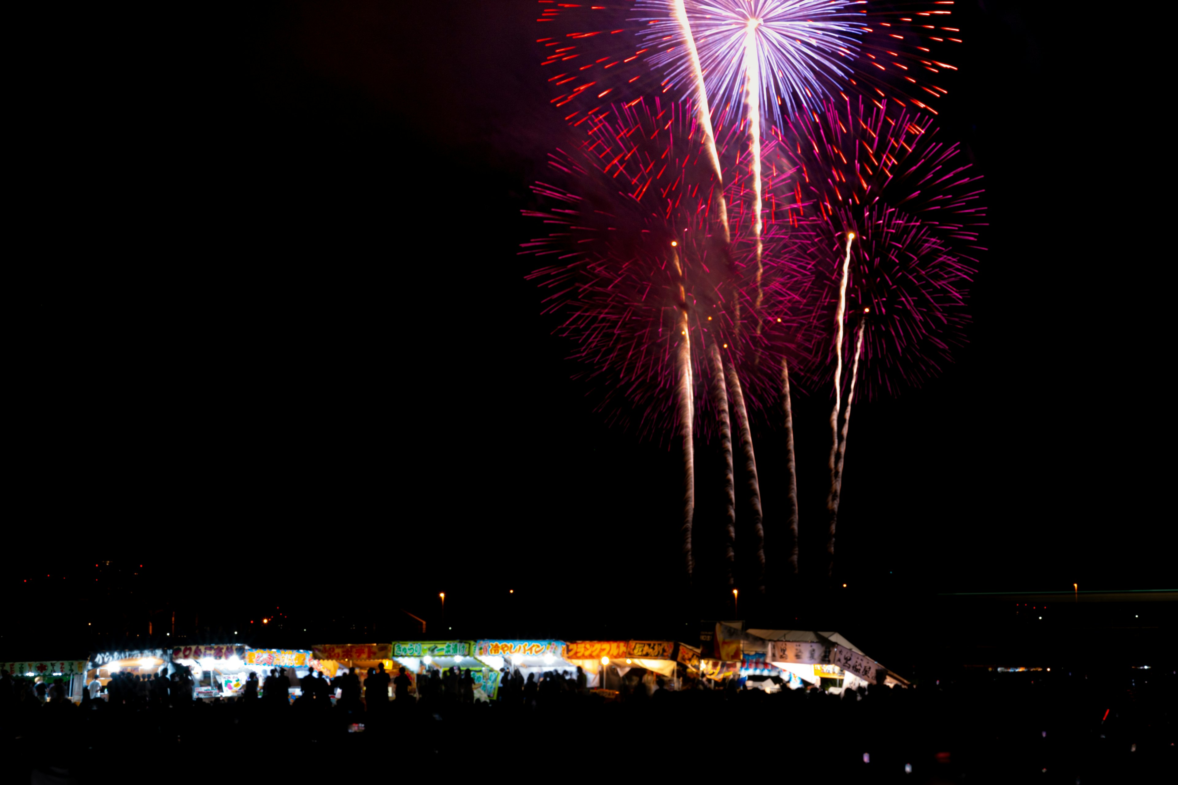 Espectáculo de fuegos artificiales coloridos en el cielo nocturno con una multitud abajo