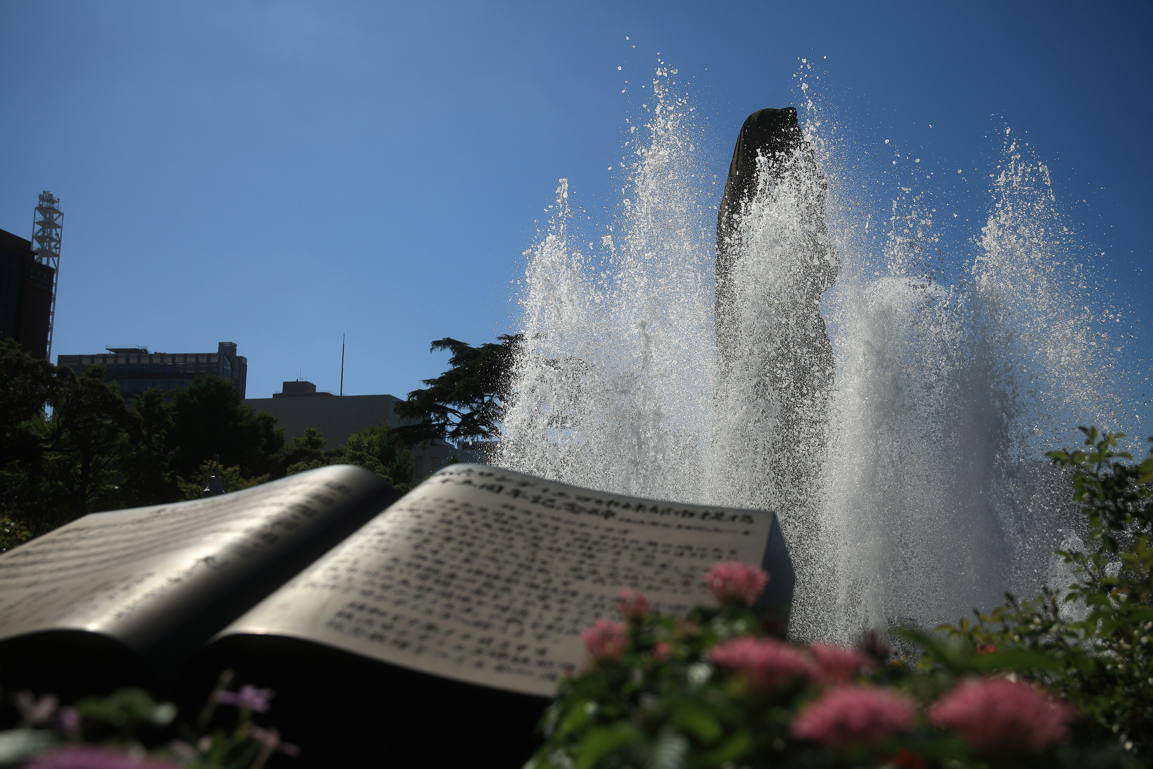 Una grande scultura di libro aperto con una fontana sullo sfondo