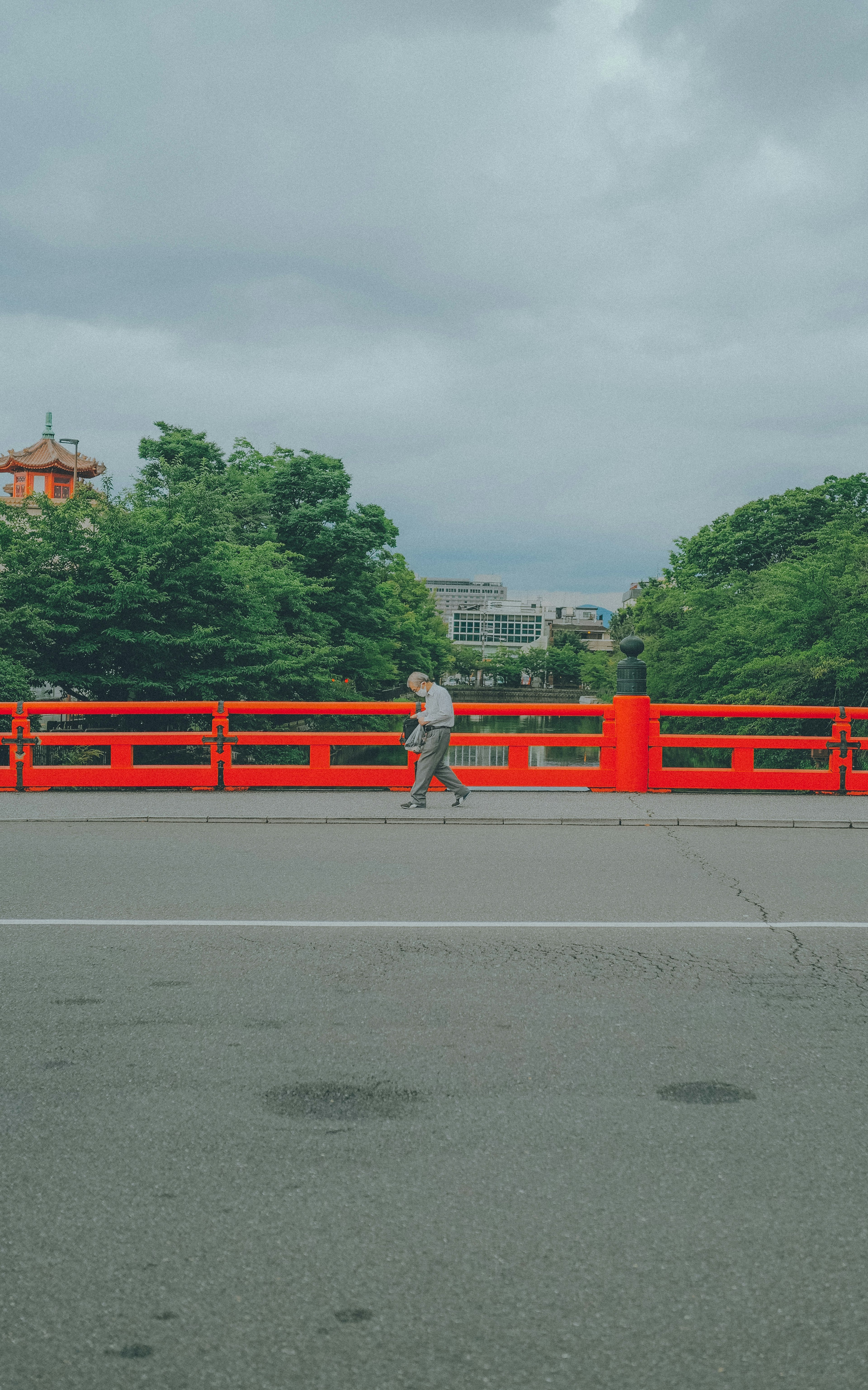 赤い橋を歩く人と緑の木々の風景