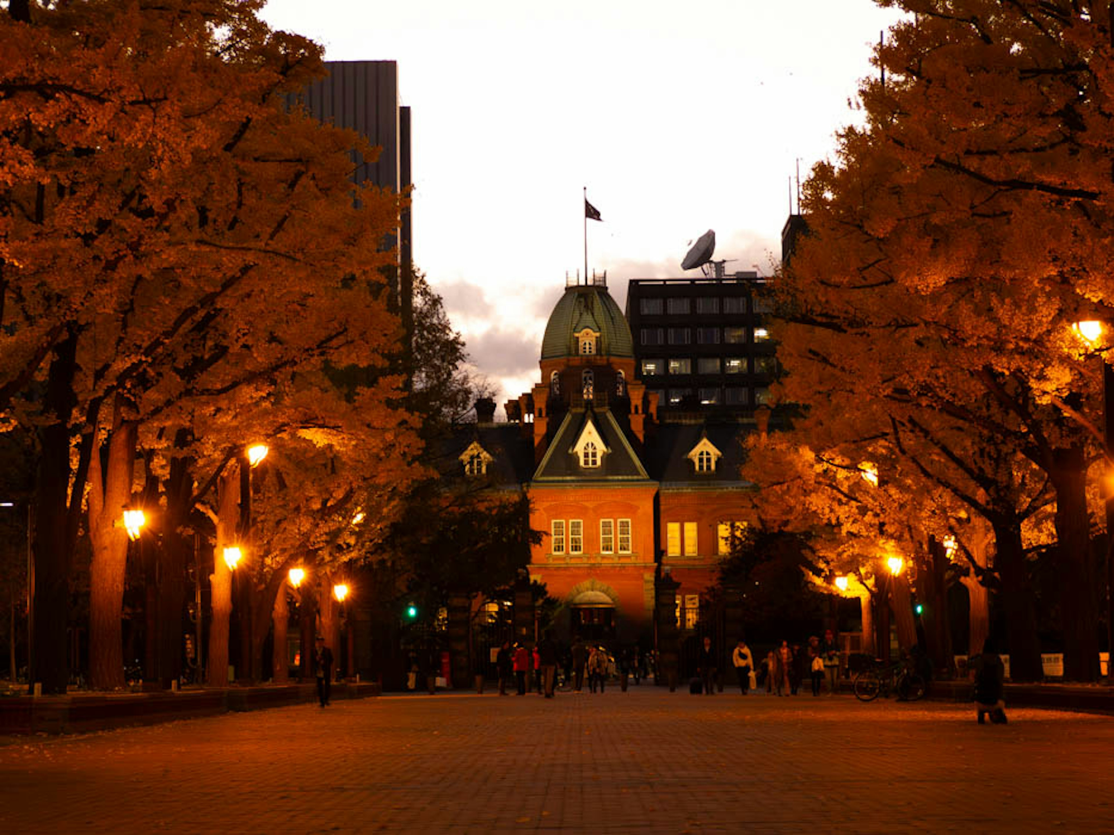 Historic building surrounded by golden autumn trees at dusk