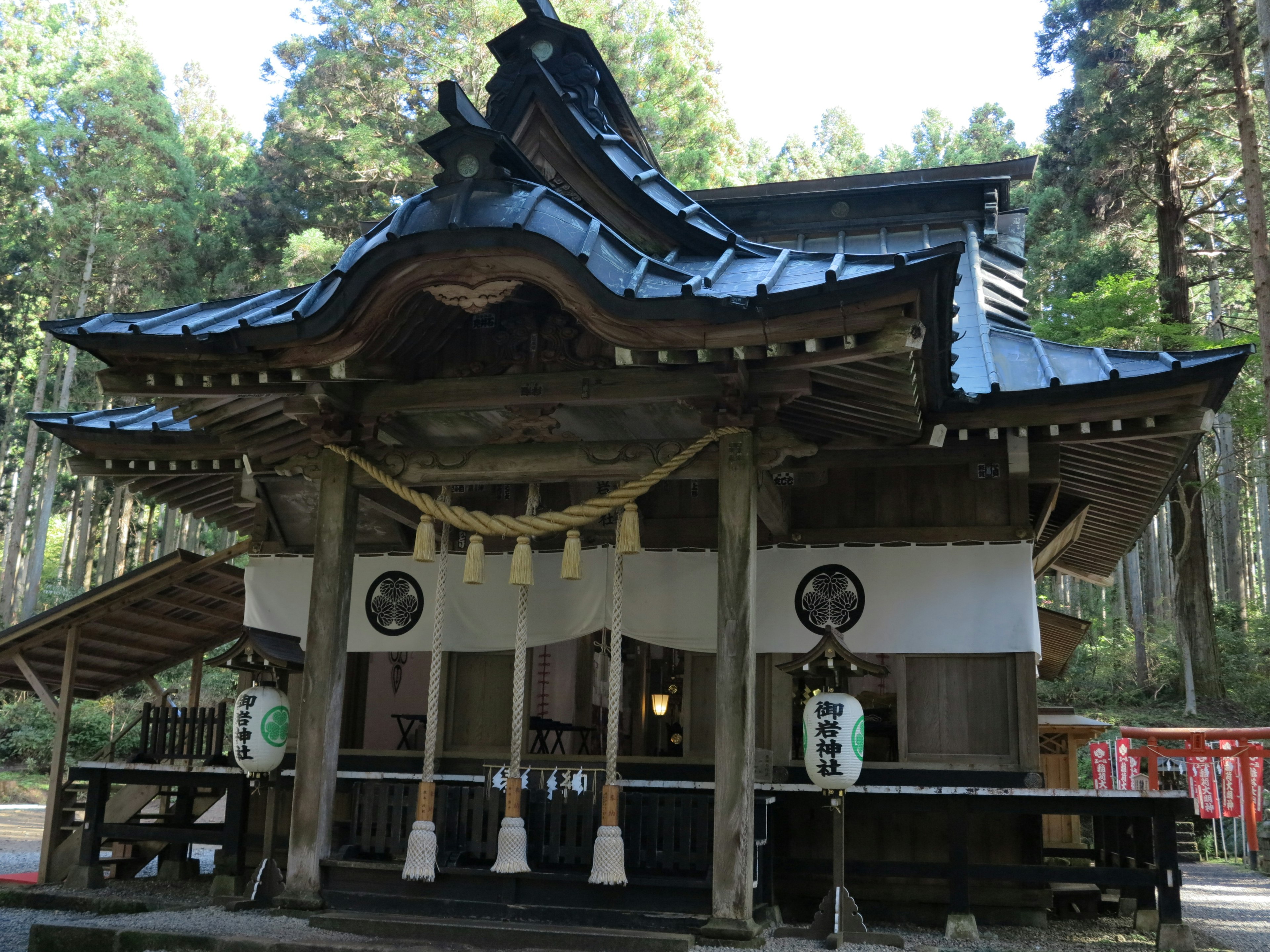 Traditionelles Schreingebäude in einem Wald mit Holzstruktur und schwarzem Dach