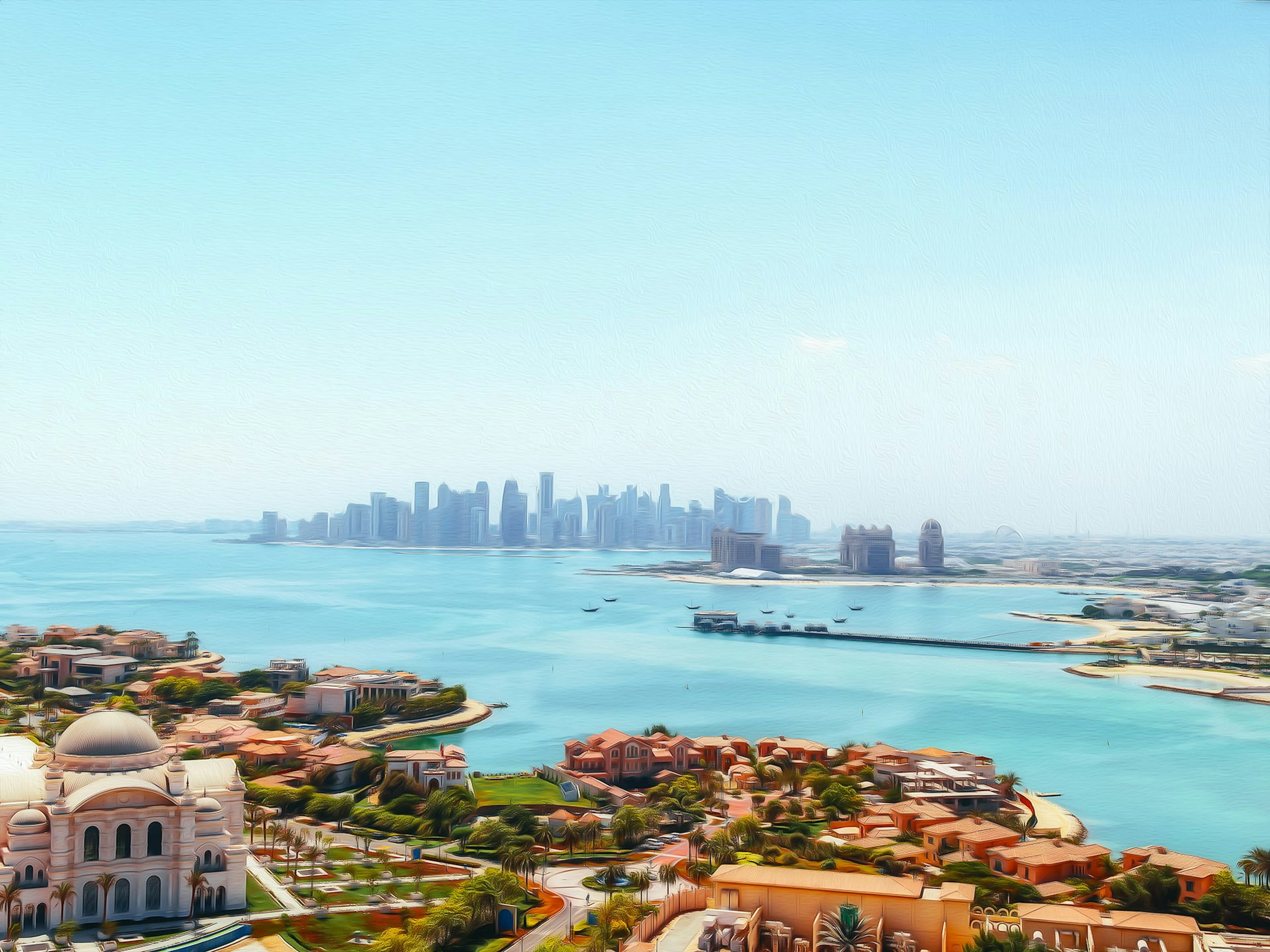 Panoramablick auf eine Stadt mit blauem Himmel und Meer mit Wolkenkratzern in der Ferne