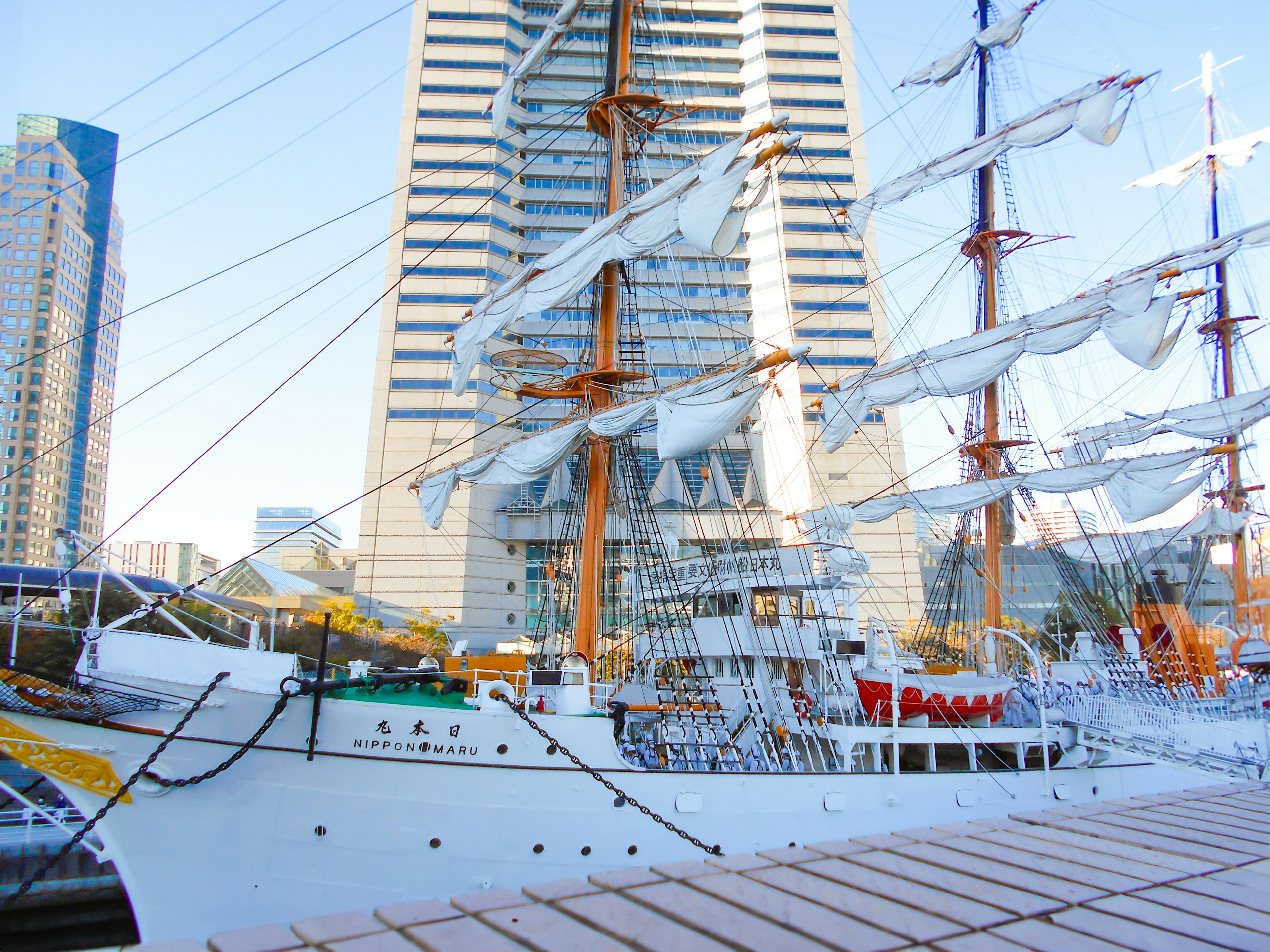 Large white-sailed ship docked beside modern skyscrapers