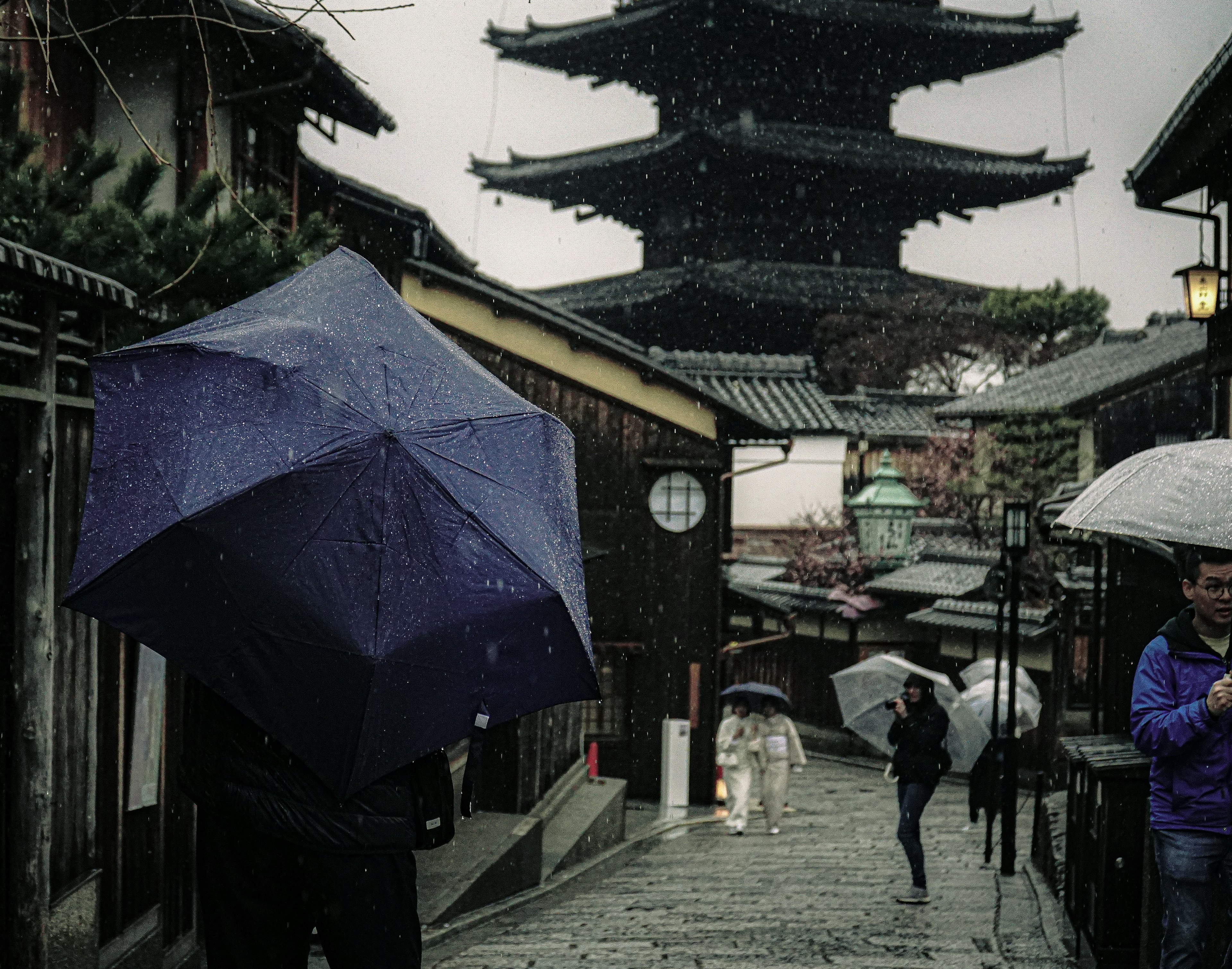 雨の中の古い日本の街並みと五重塔の風景