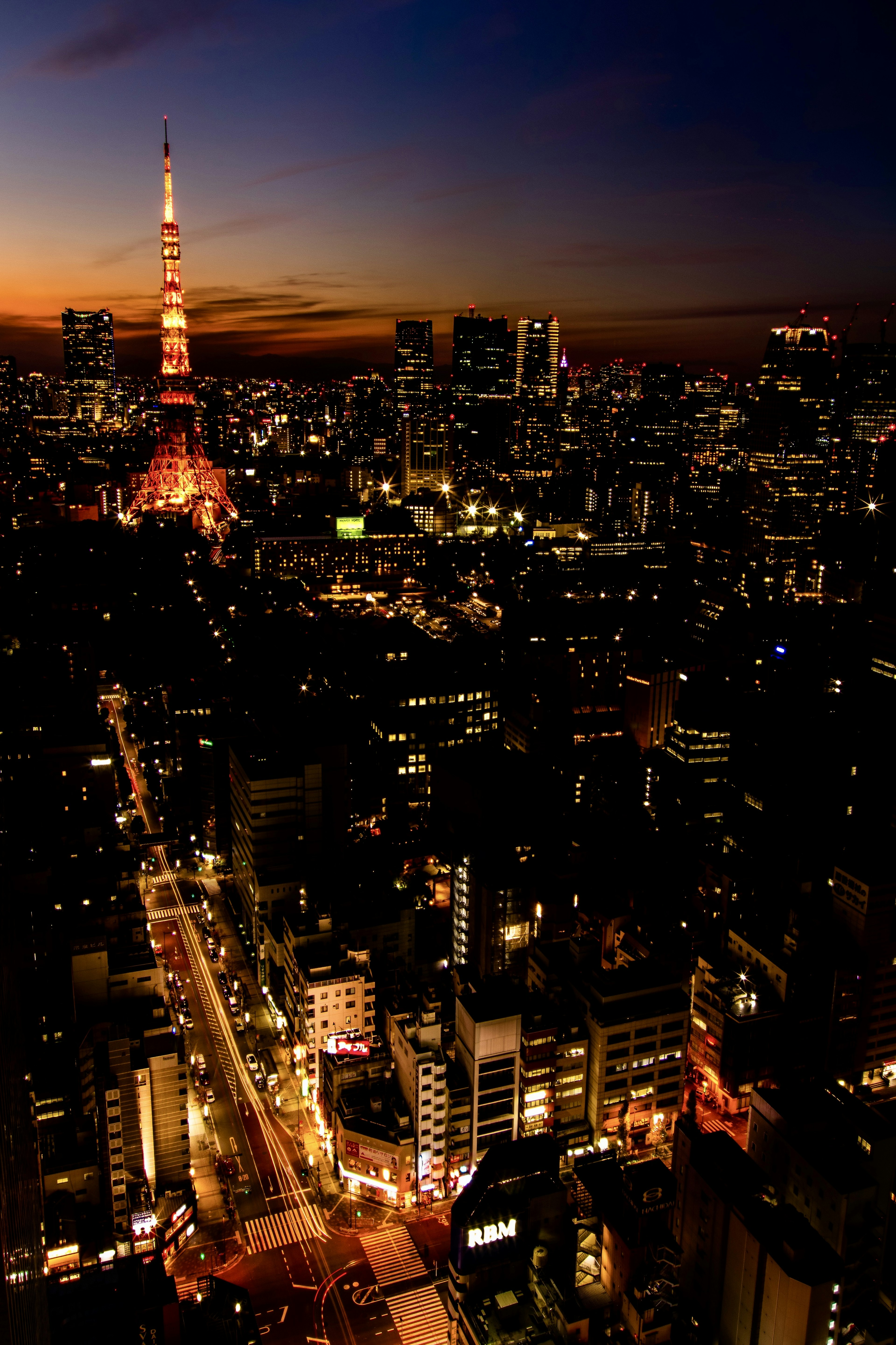 Tokyo Tower illuminated in the night skyline of Tokyo