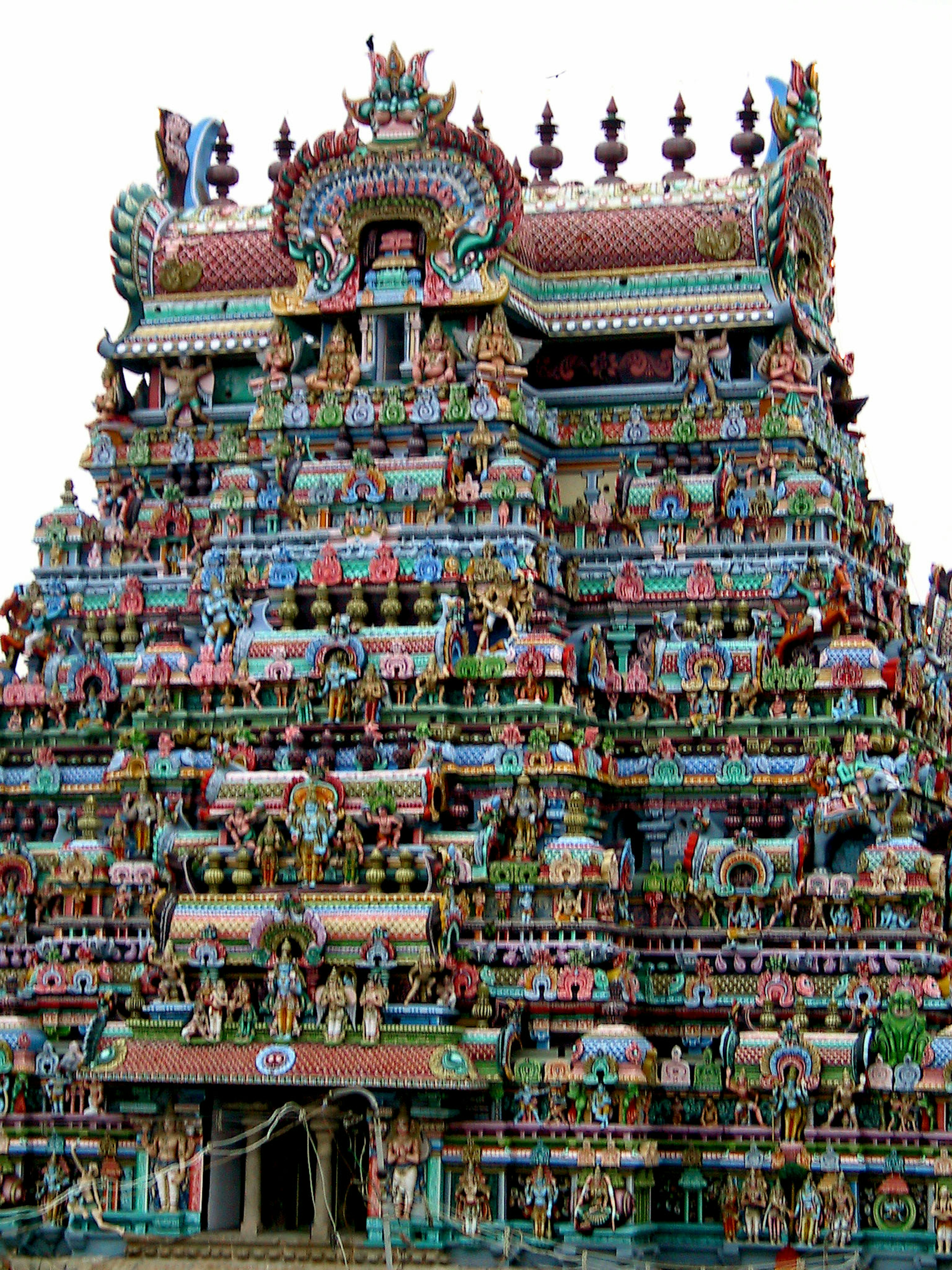 Colorful sculptures adorn the exterior of a South Indian temple