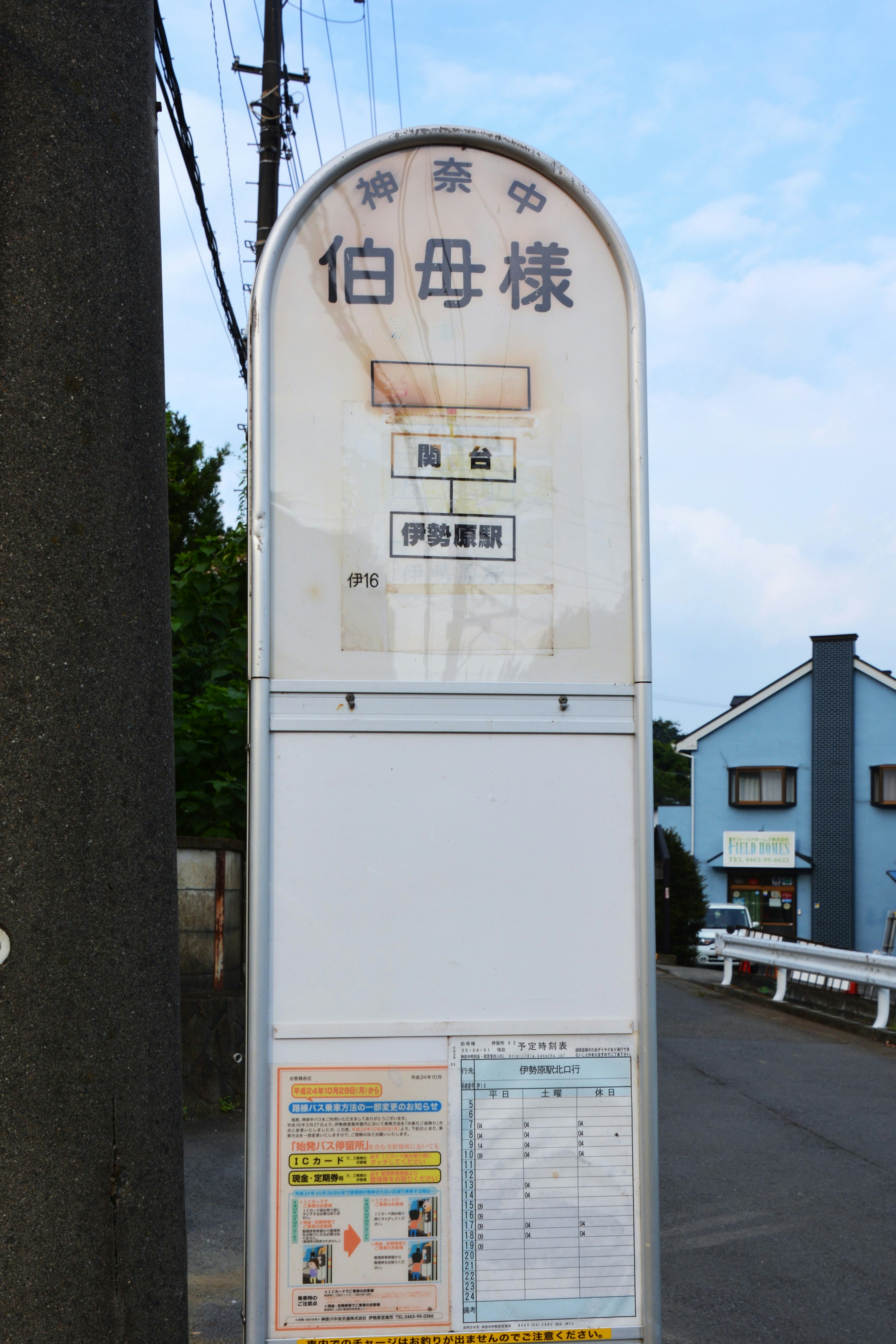 Bus stop sign displaying 'Aunt' with a residential area in the background