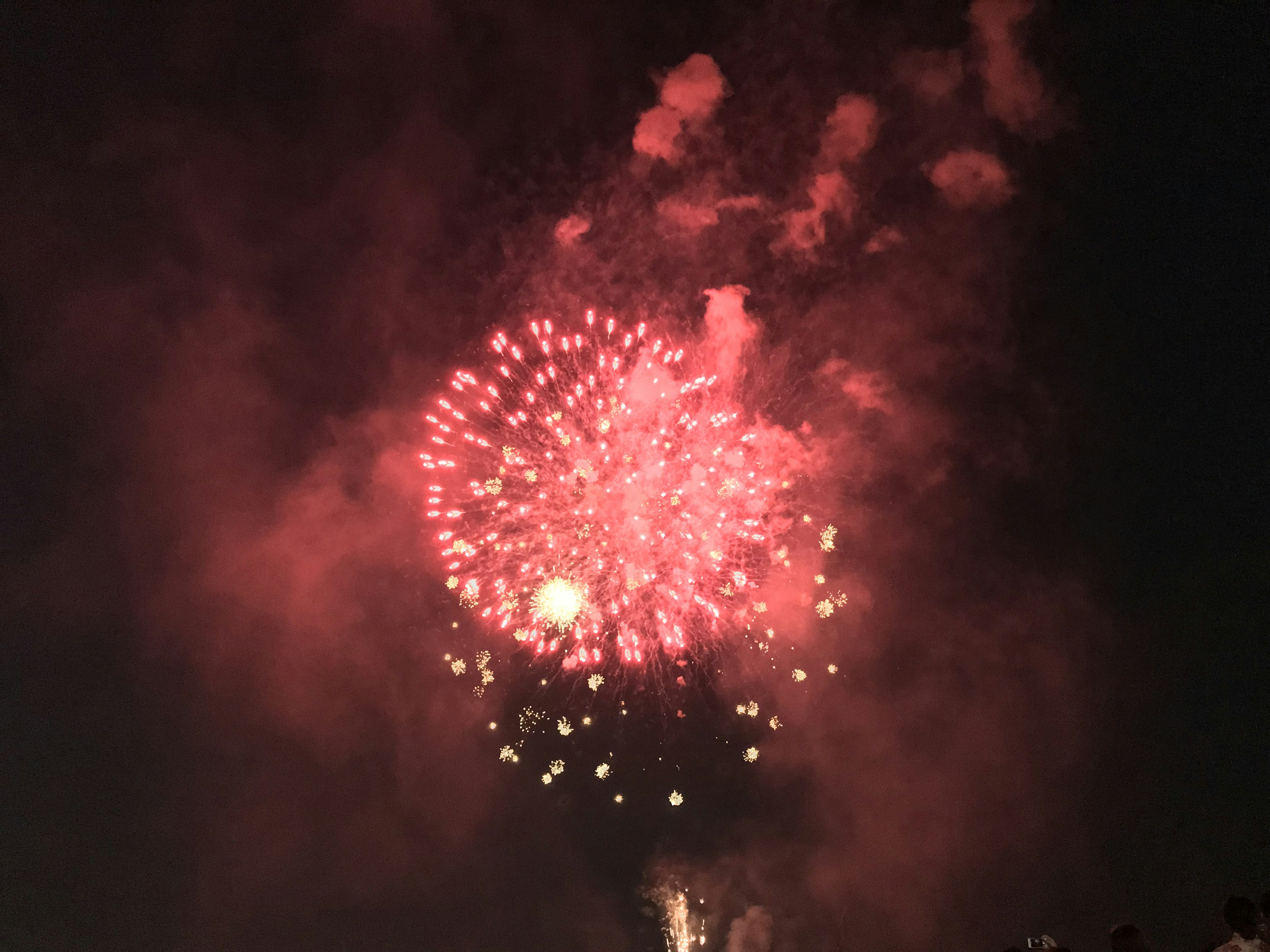 赤い花火が夜空に広がる幻想的な光景