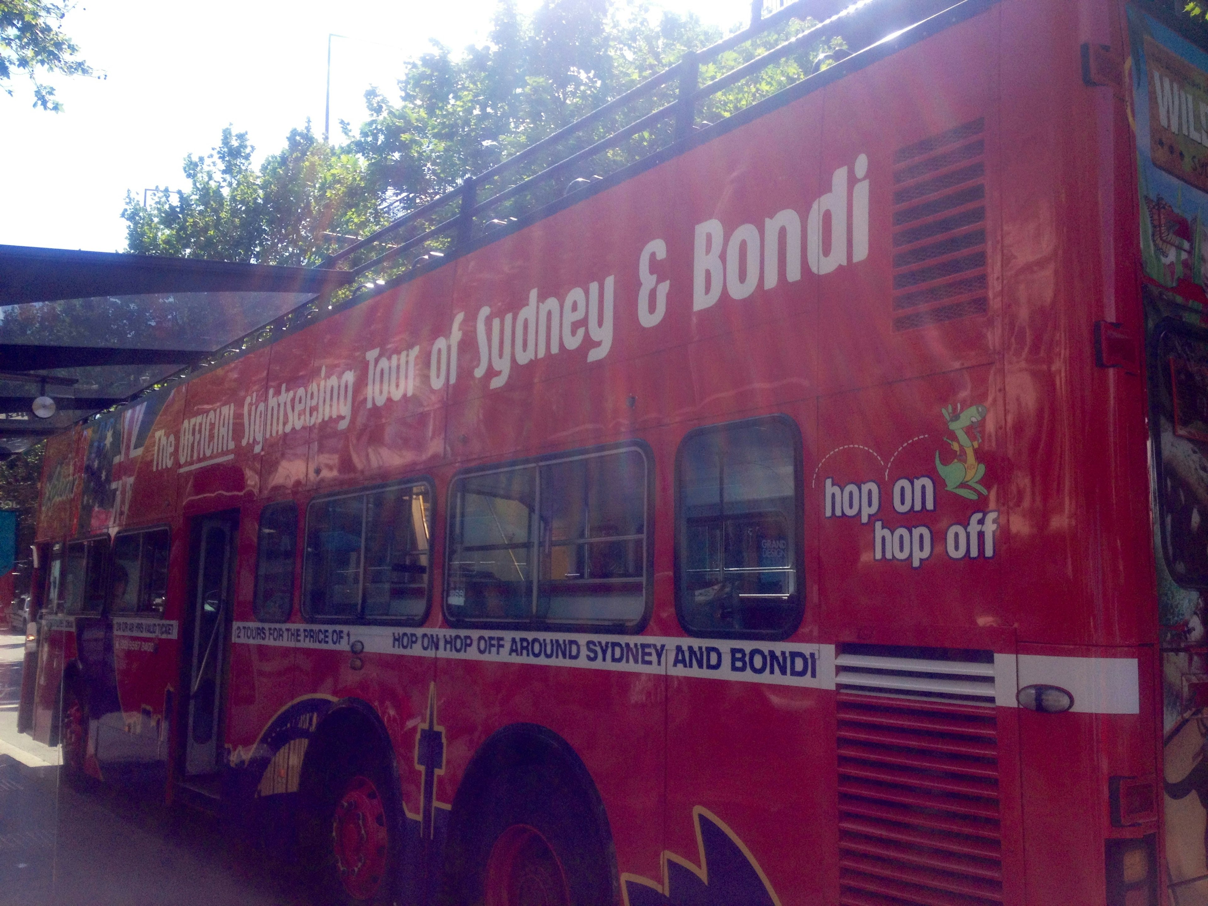 Autobús turístico rojo con el texto Tour de Sydney y Bondi