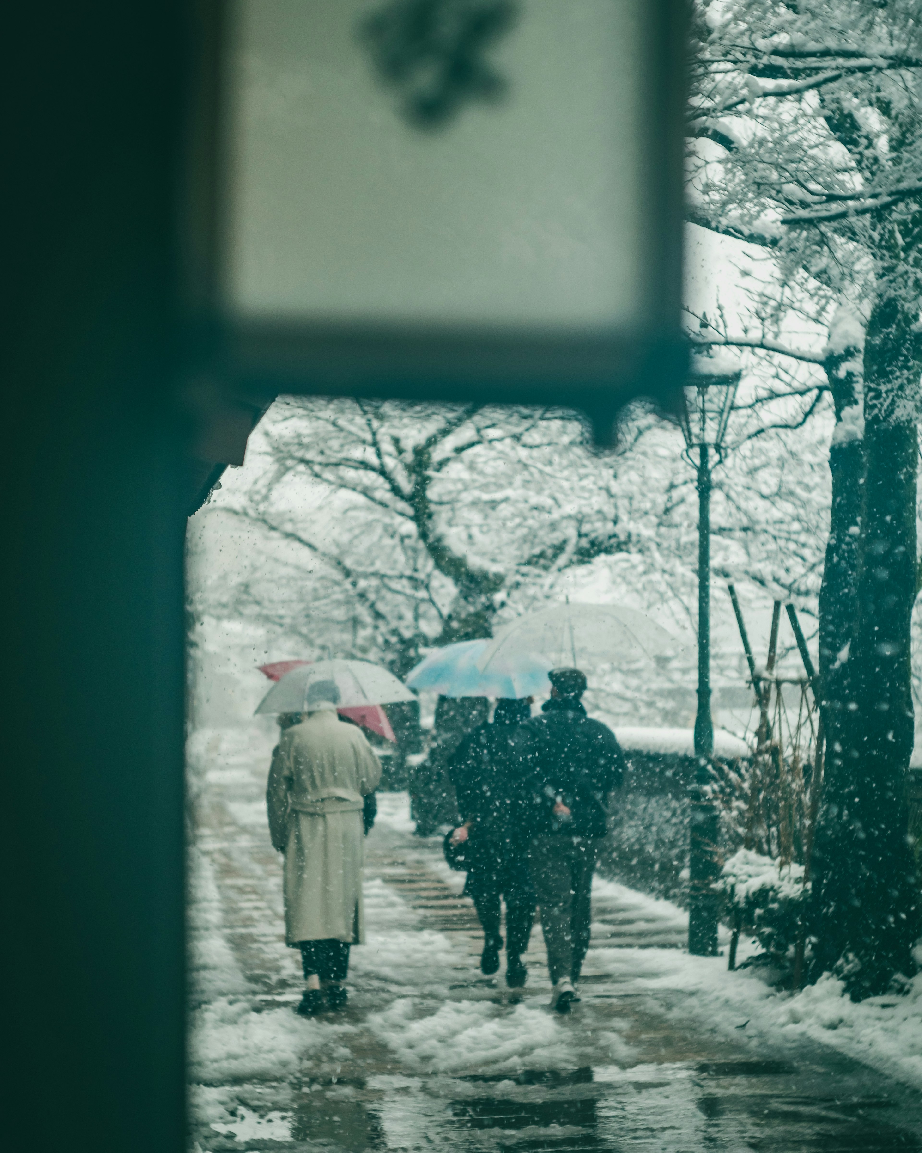 People walking in the snow with umbrellas