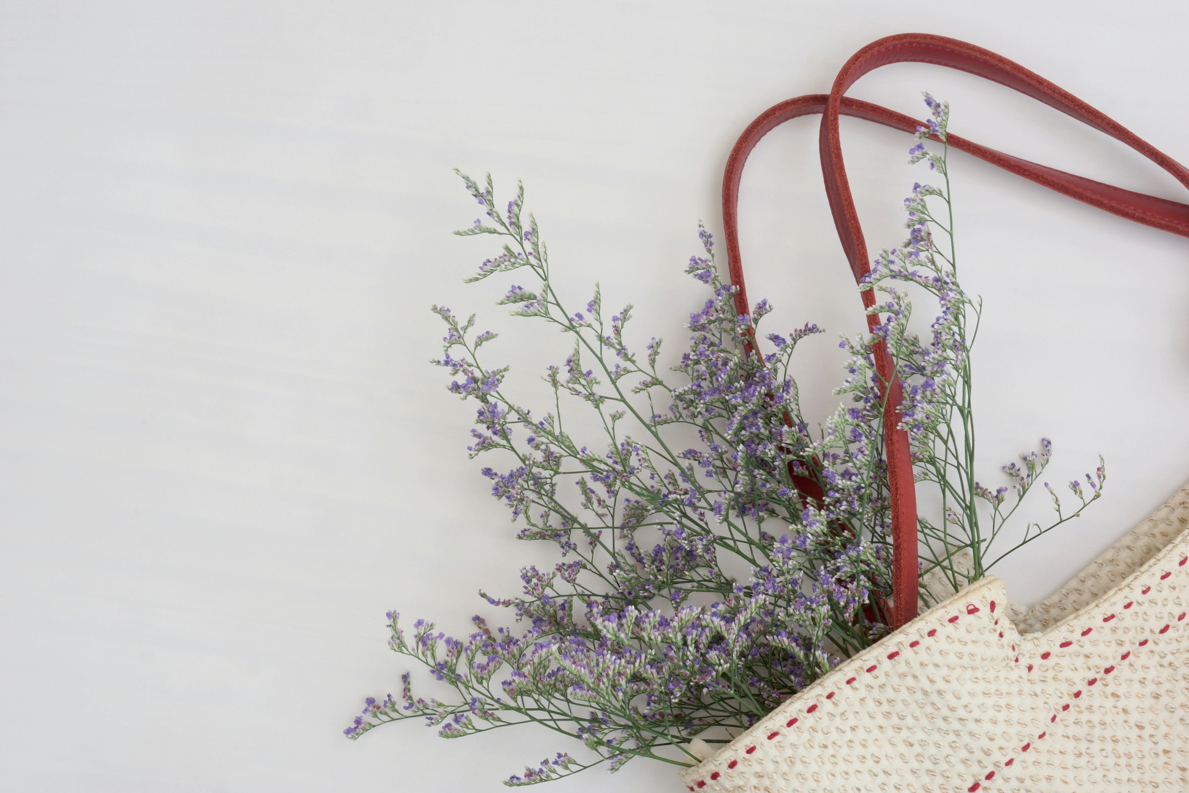 Un sac beige avec des sangles rouges contenant des brindilles de fleurs violettes et des feuilles vertes