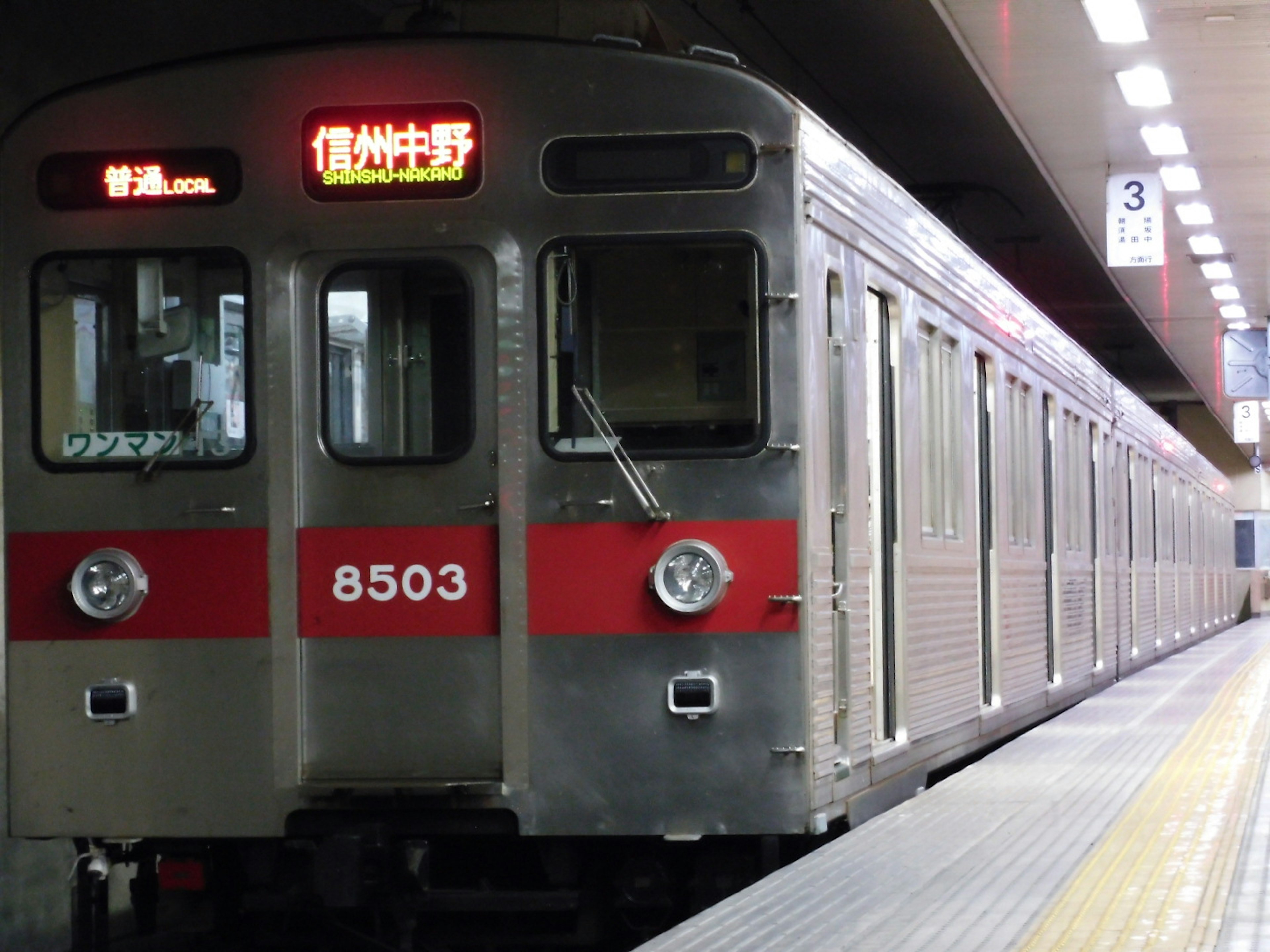 Train argenté avec des rayures rouges arrêté à une station