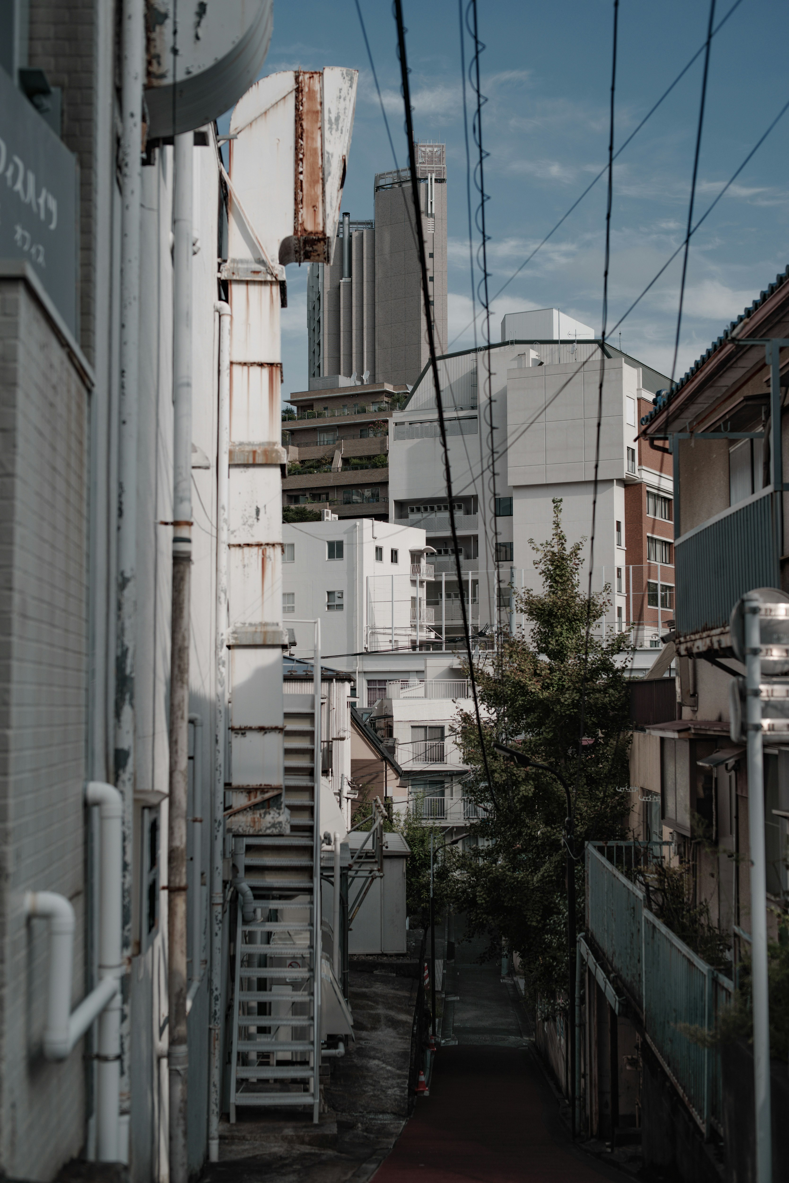 Narrow alley featuring white buildings and green trees in an urban setting