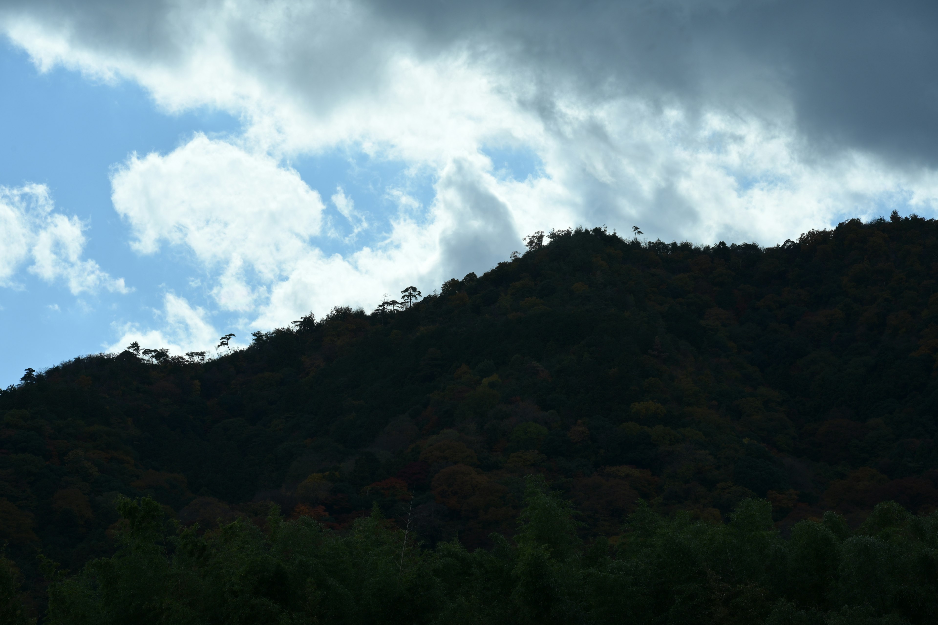 雲がかかった青空の下にある緑の山々のシルエット