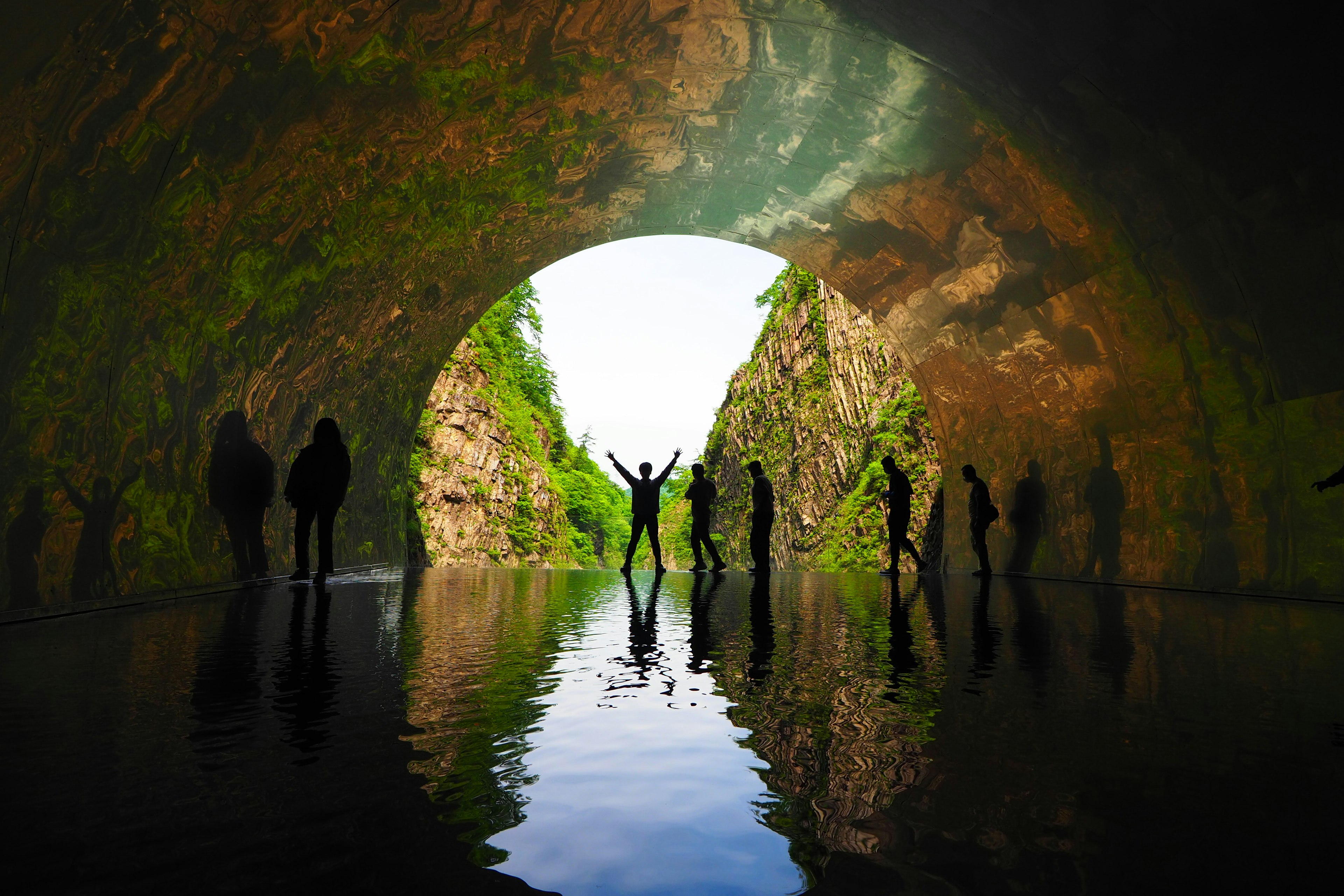 Silhouetted figures standing in a moss-covered tunnel with reflections in water