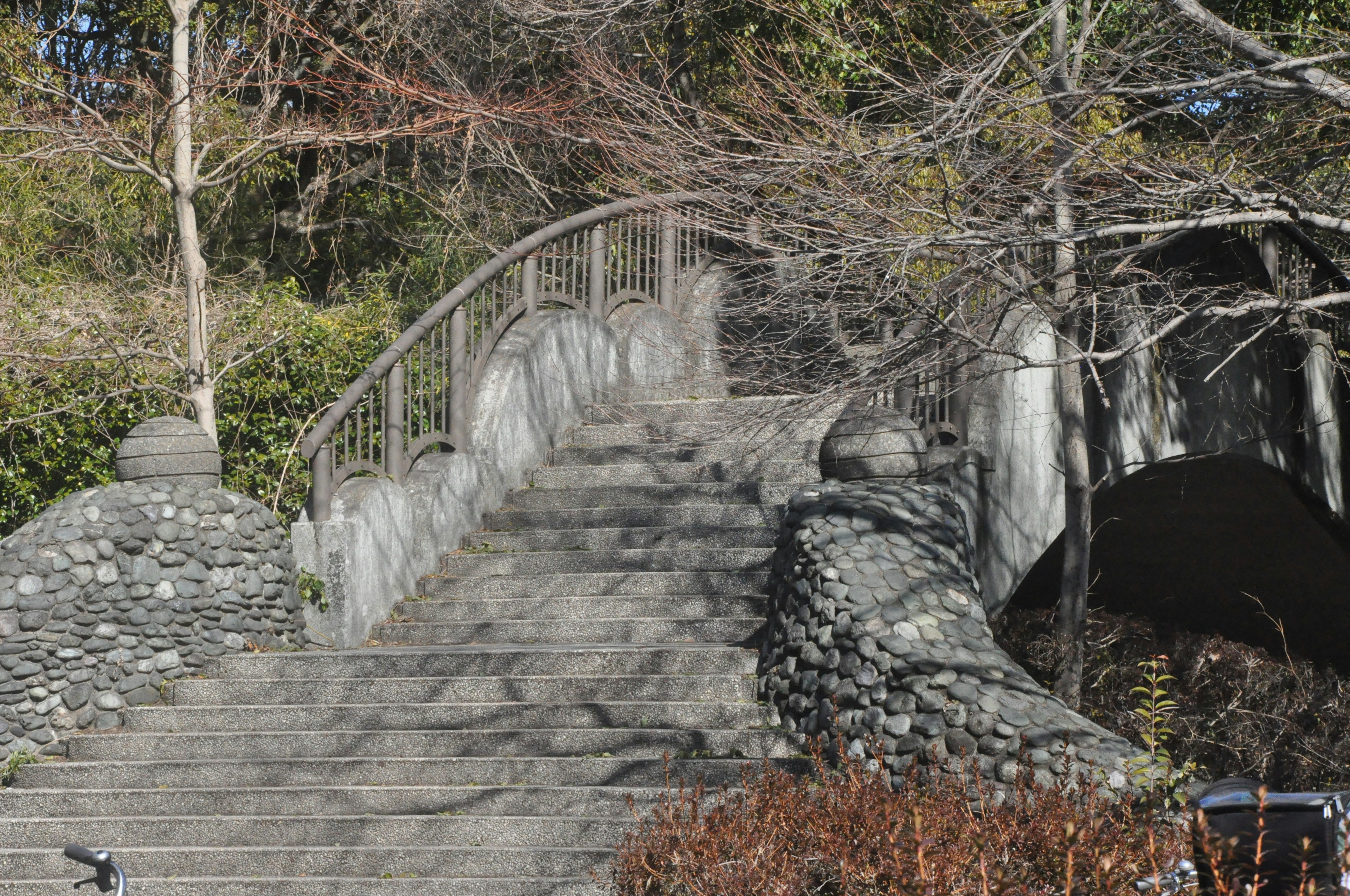 石の橋と階段がある公園の風景