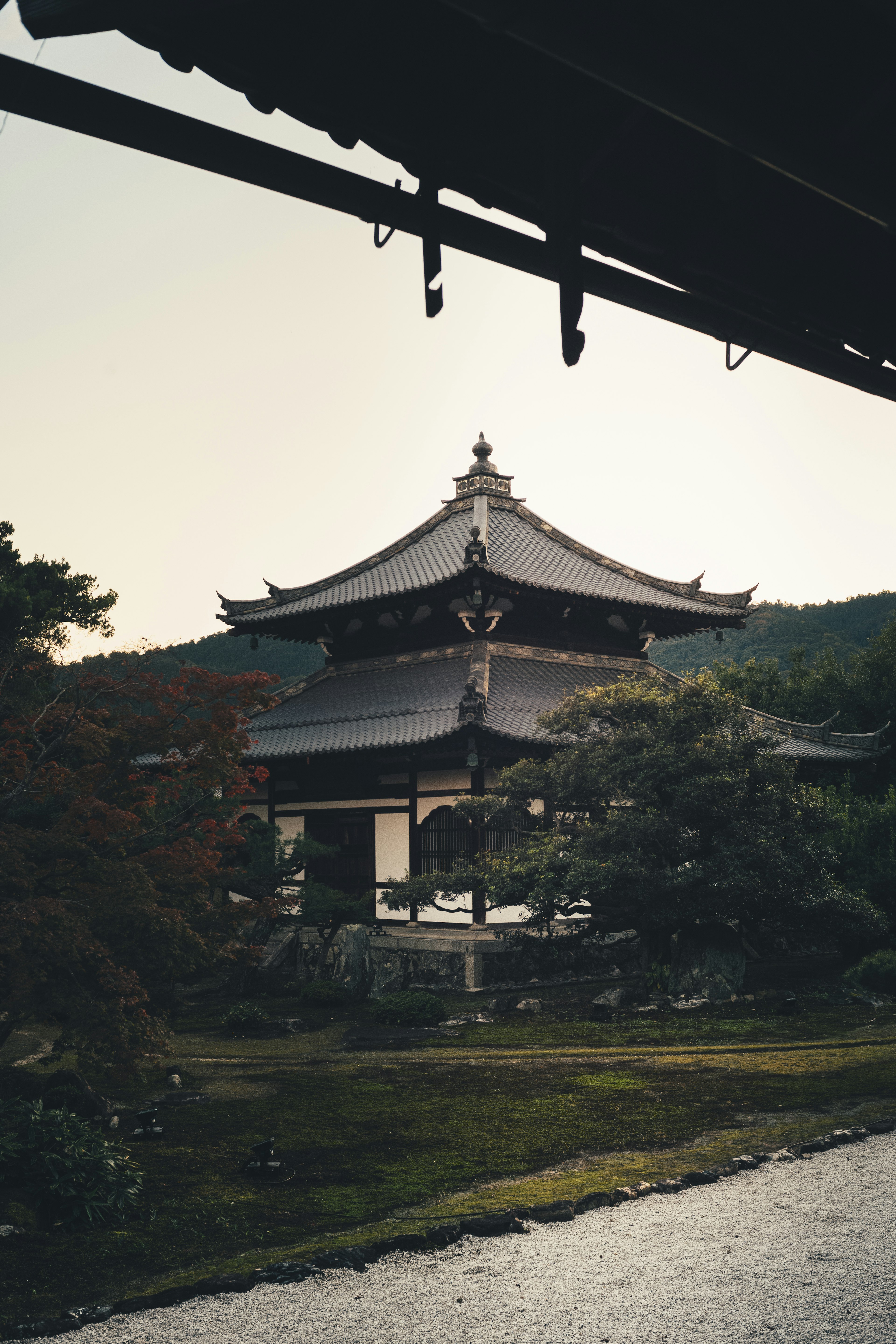 京都の寺院の伝統的な建築と庭園が見える風景