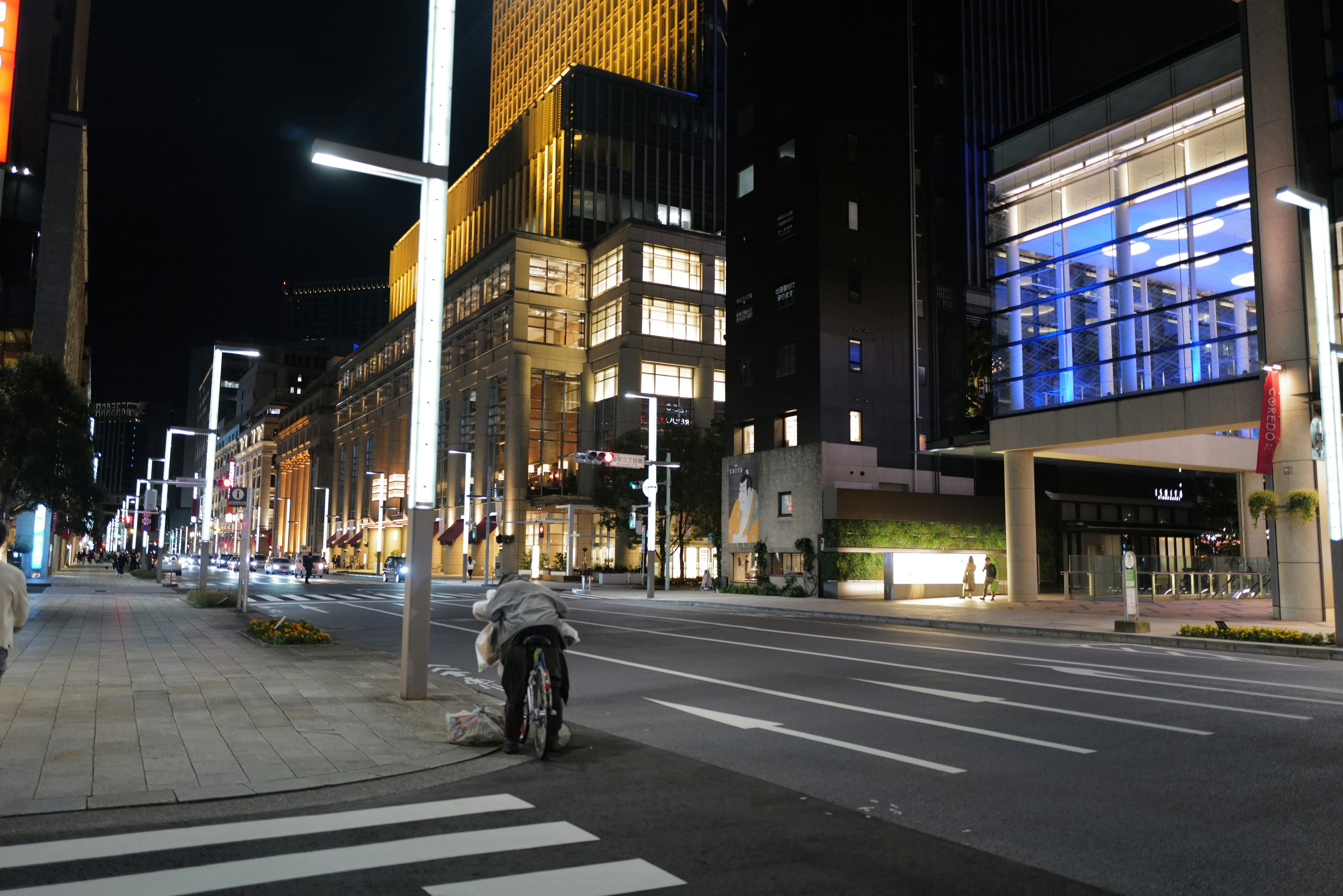 Una persona che spinge una bicicletta in una strada tranquilla di notte