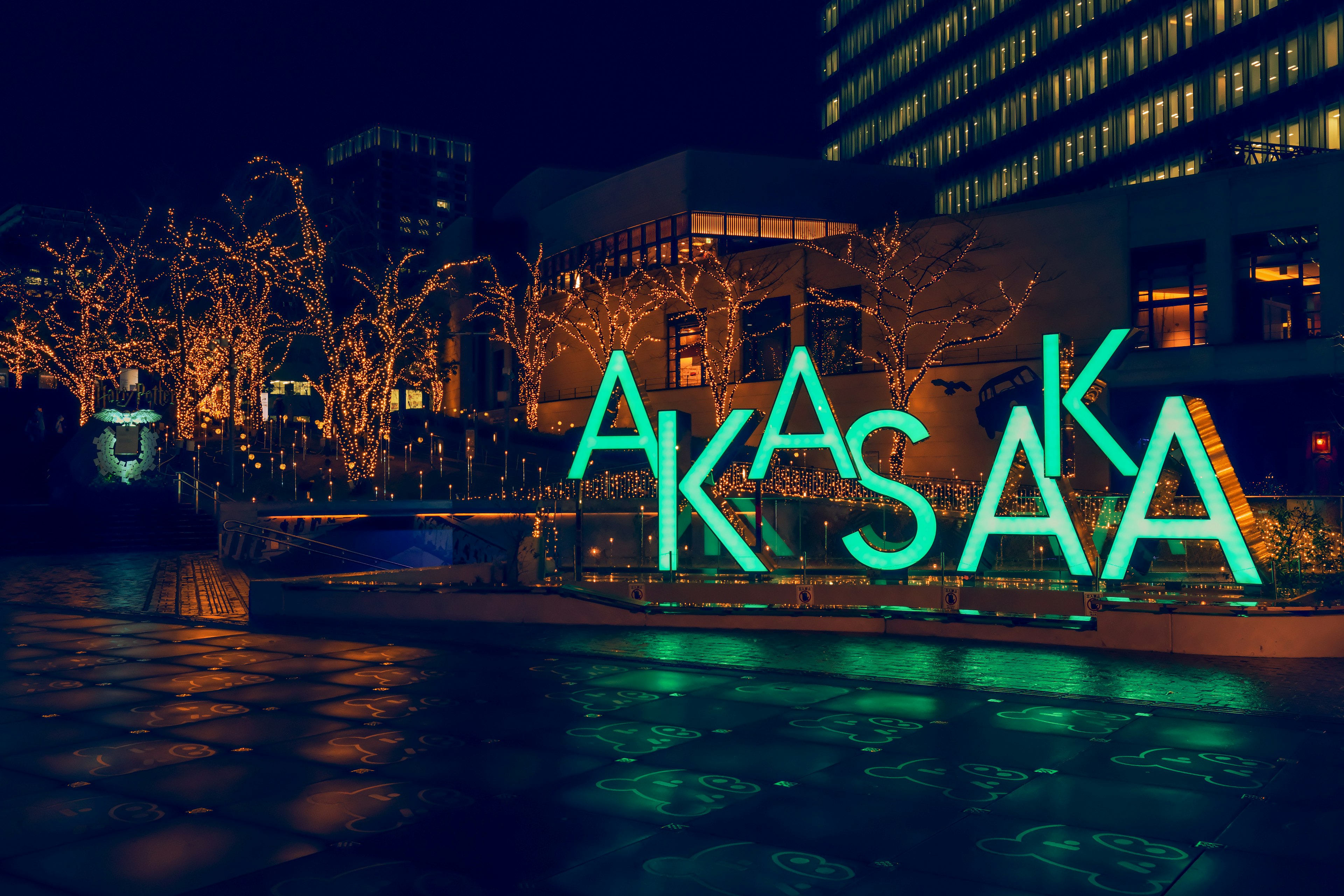 ป้าย Akasaka ที่มีตัวอักษรสีน้ำเงินสว่างและต้นไม้ที่มีแสงในตอนกลางคืน