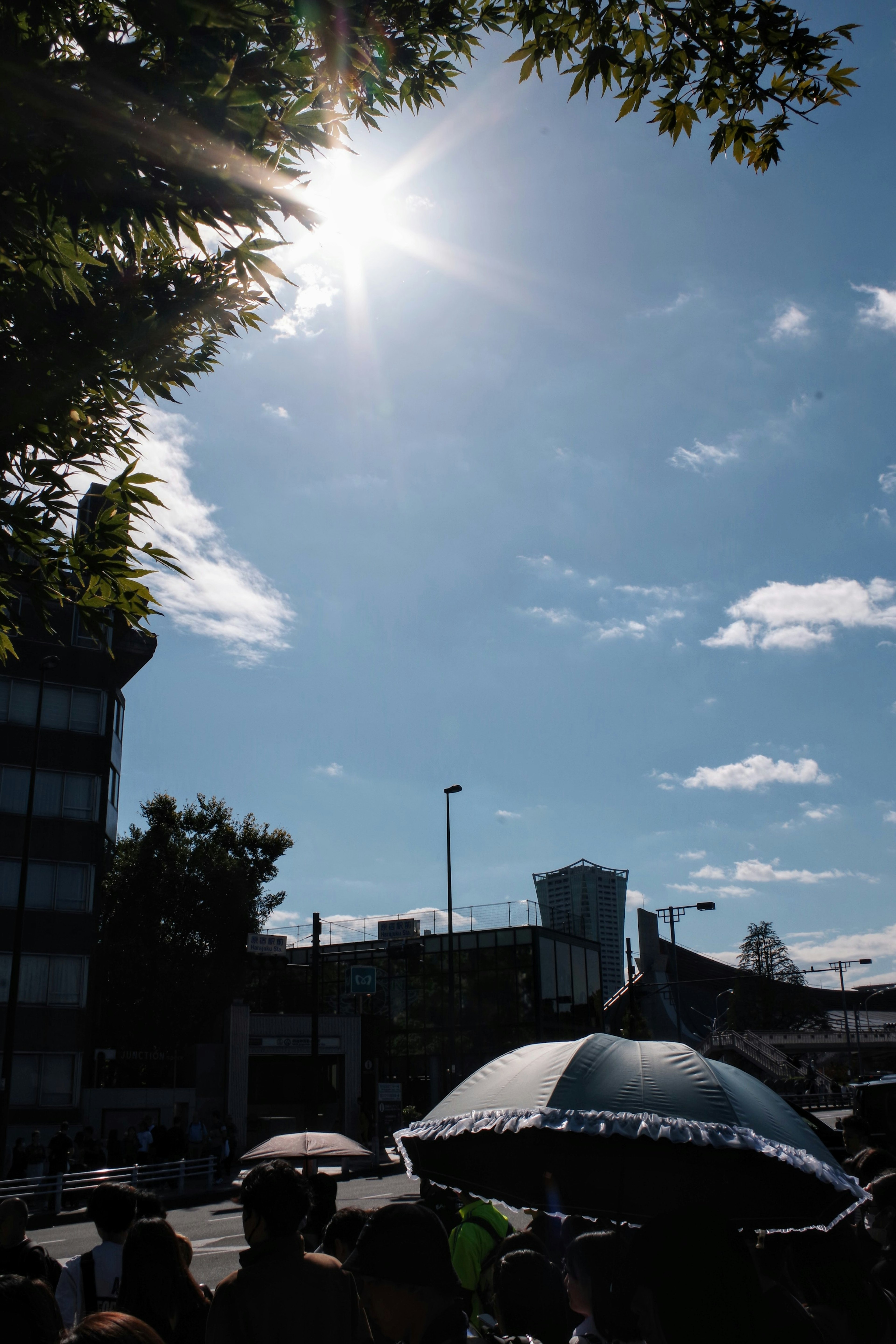 People holding umbrellas under bright sunlight with a clear blue sky