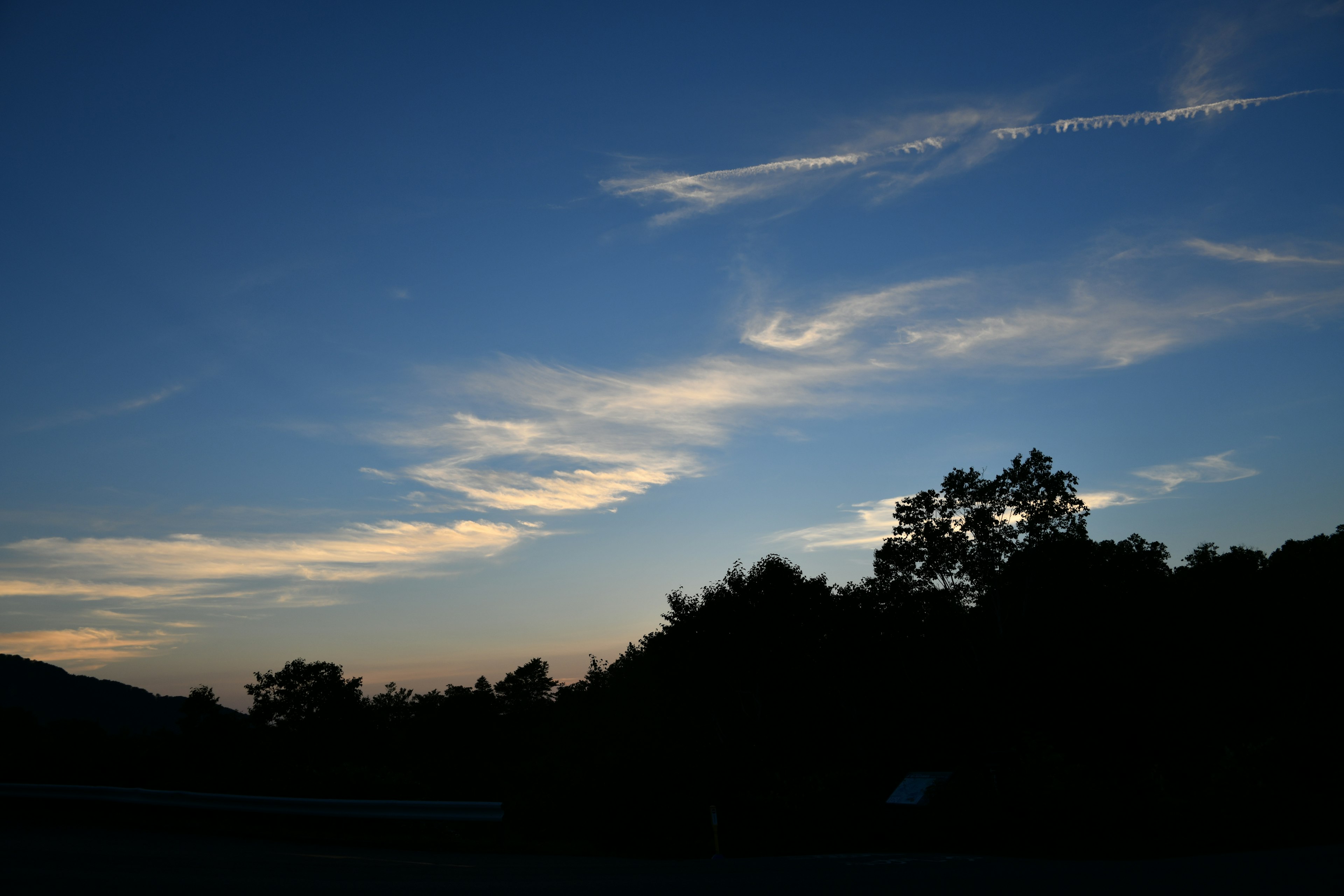 Un paysage avec un ciel bleu, des nuages filamenteux et des arbres en silhouette