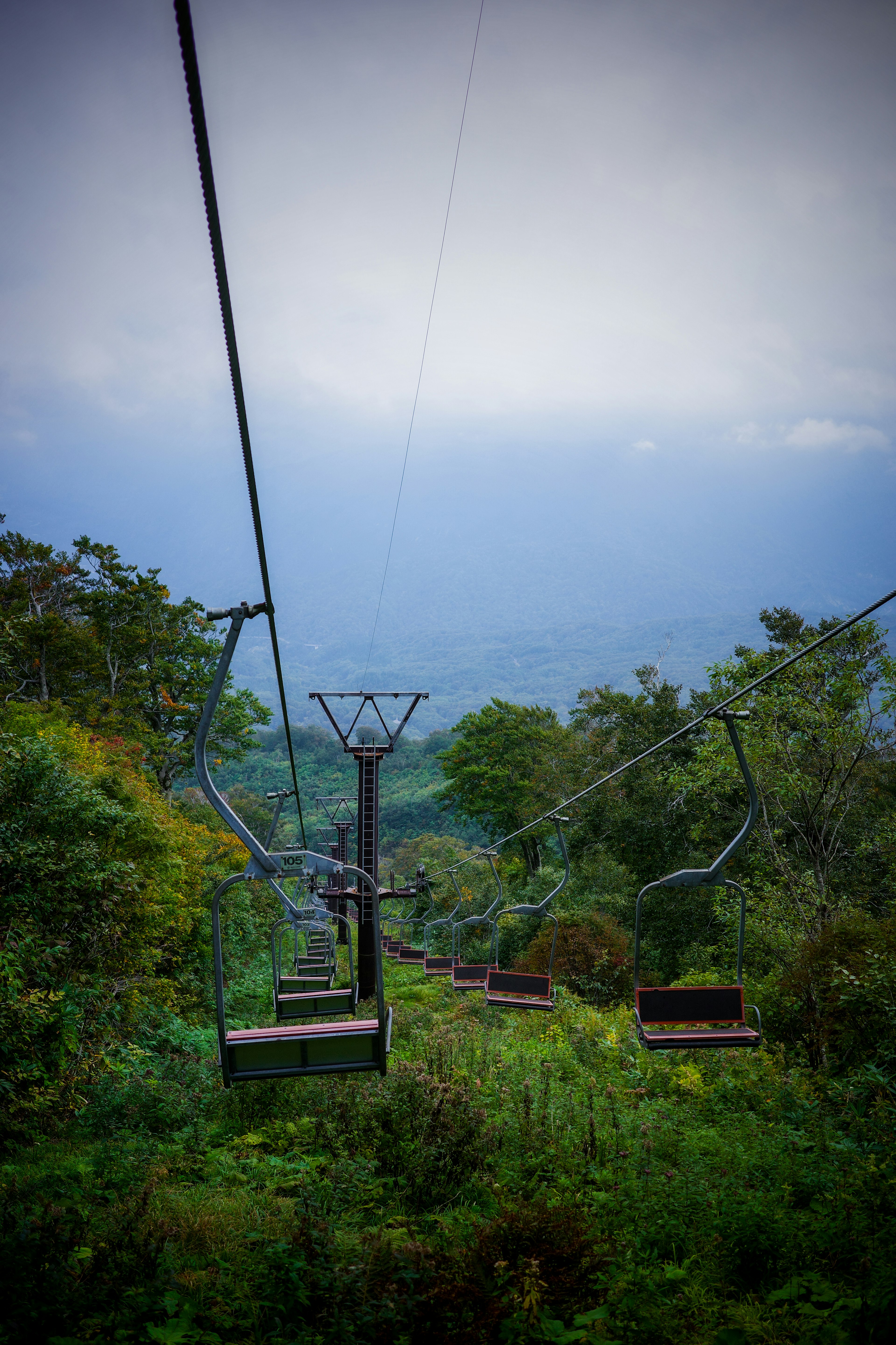 Vista escénica de un telesilla que atraviesa montañas verdes