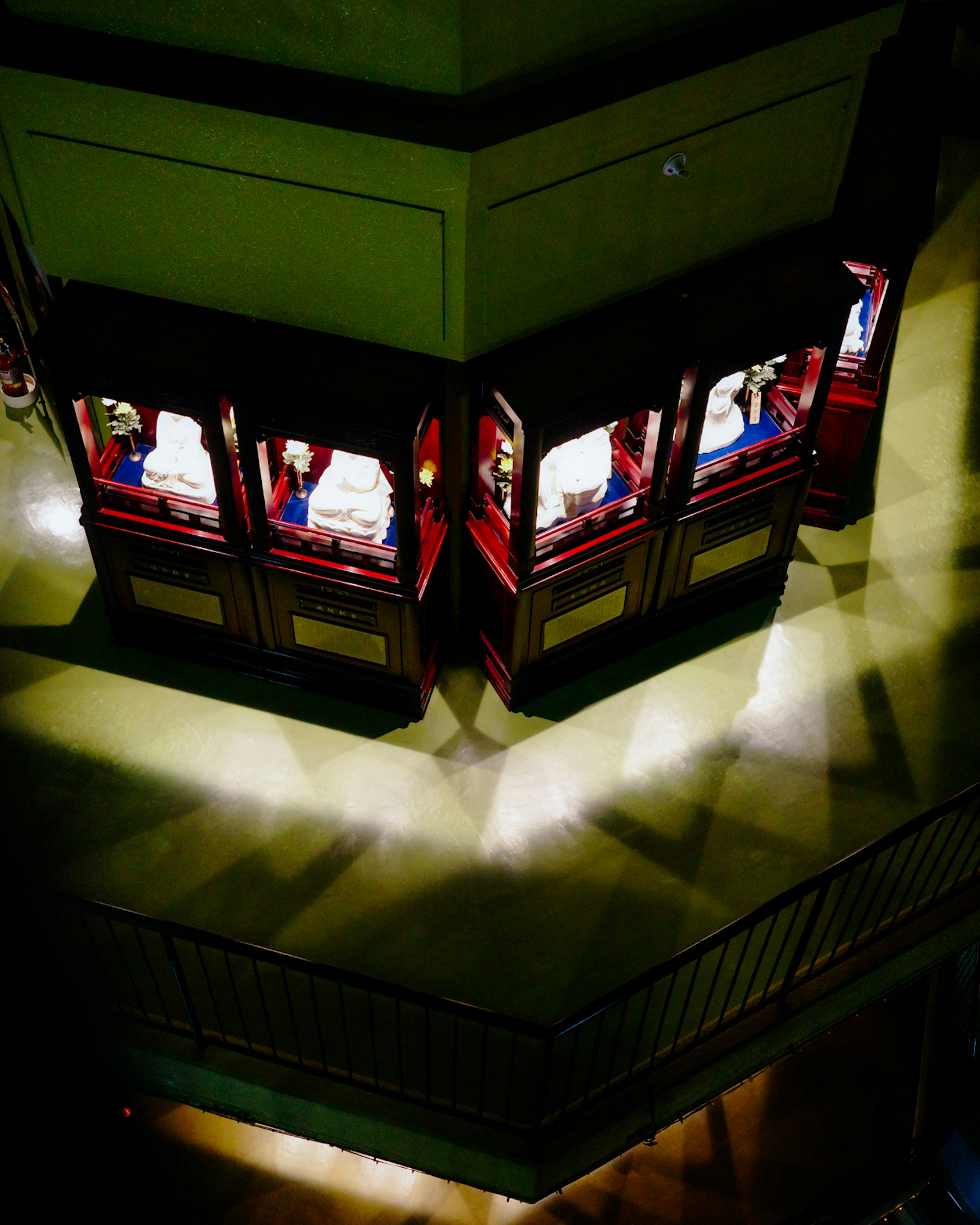 Colorful display cases arranged in a corner