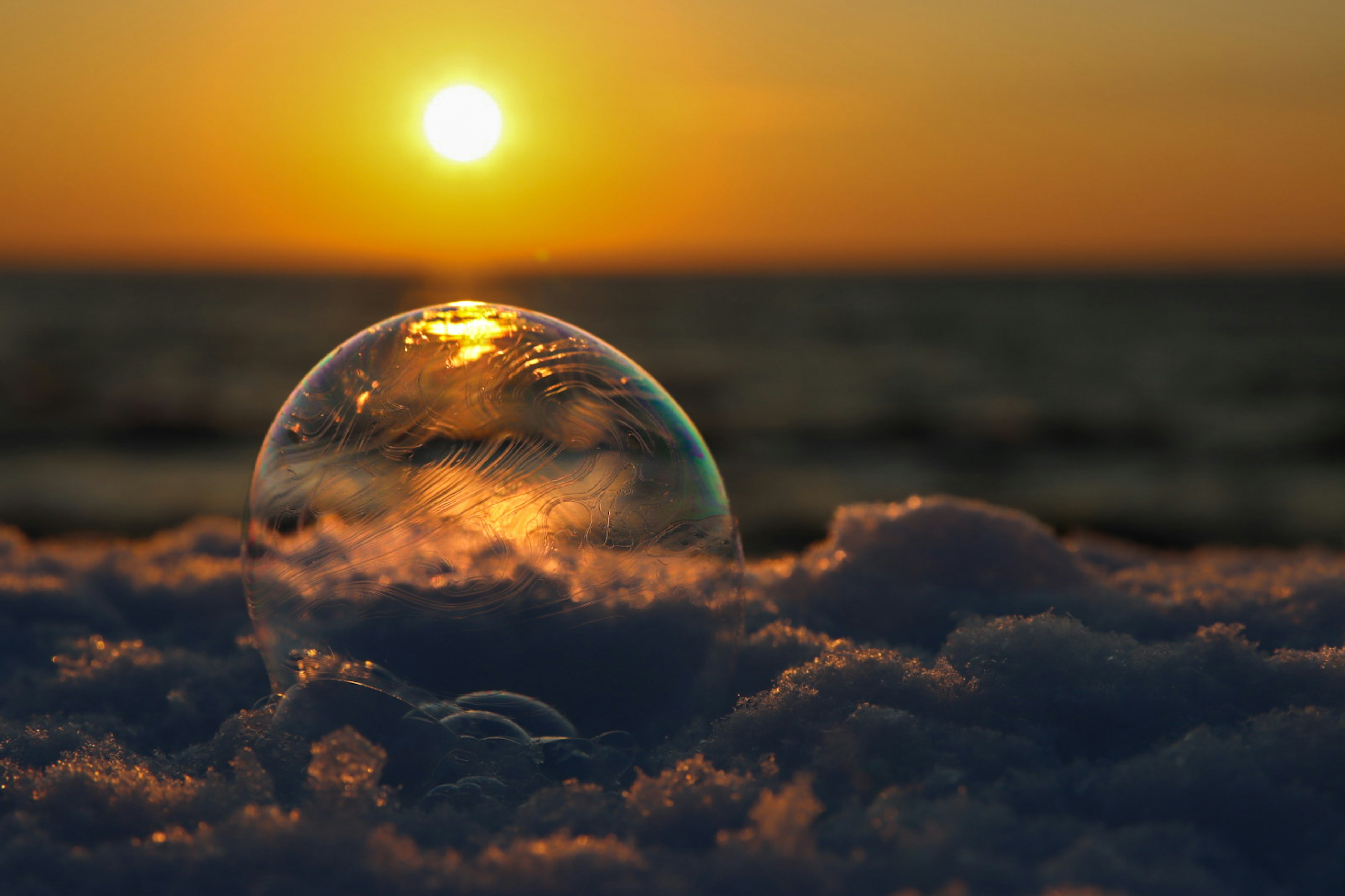 Una bolla appoggiata sulla neve con un riflesso del tramonto