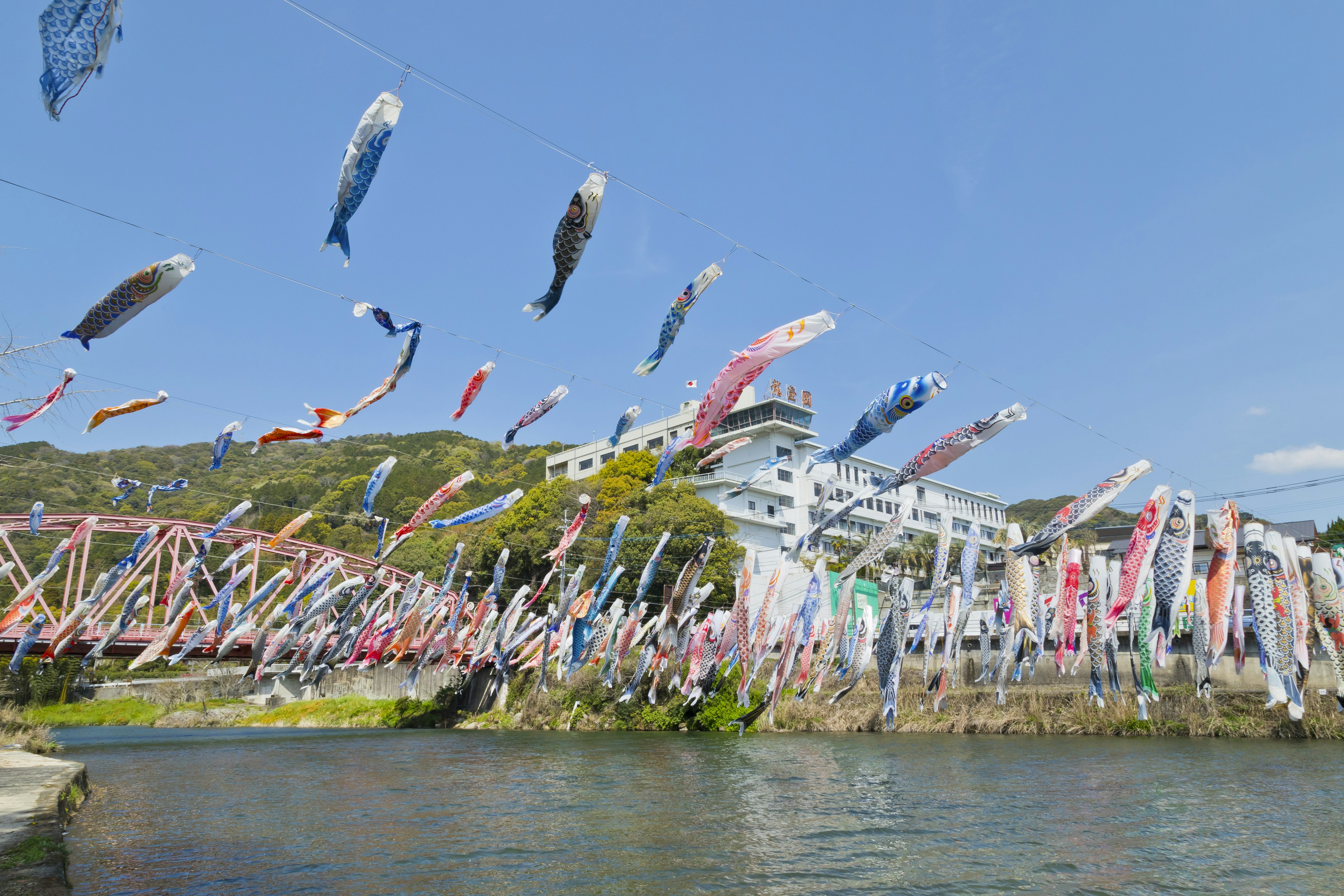 Koinobori, die über einem Fluss mit klarem blauen Himmel fliegen