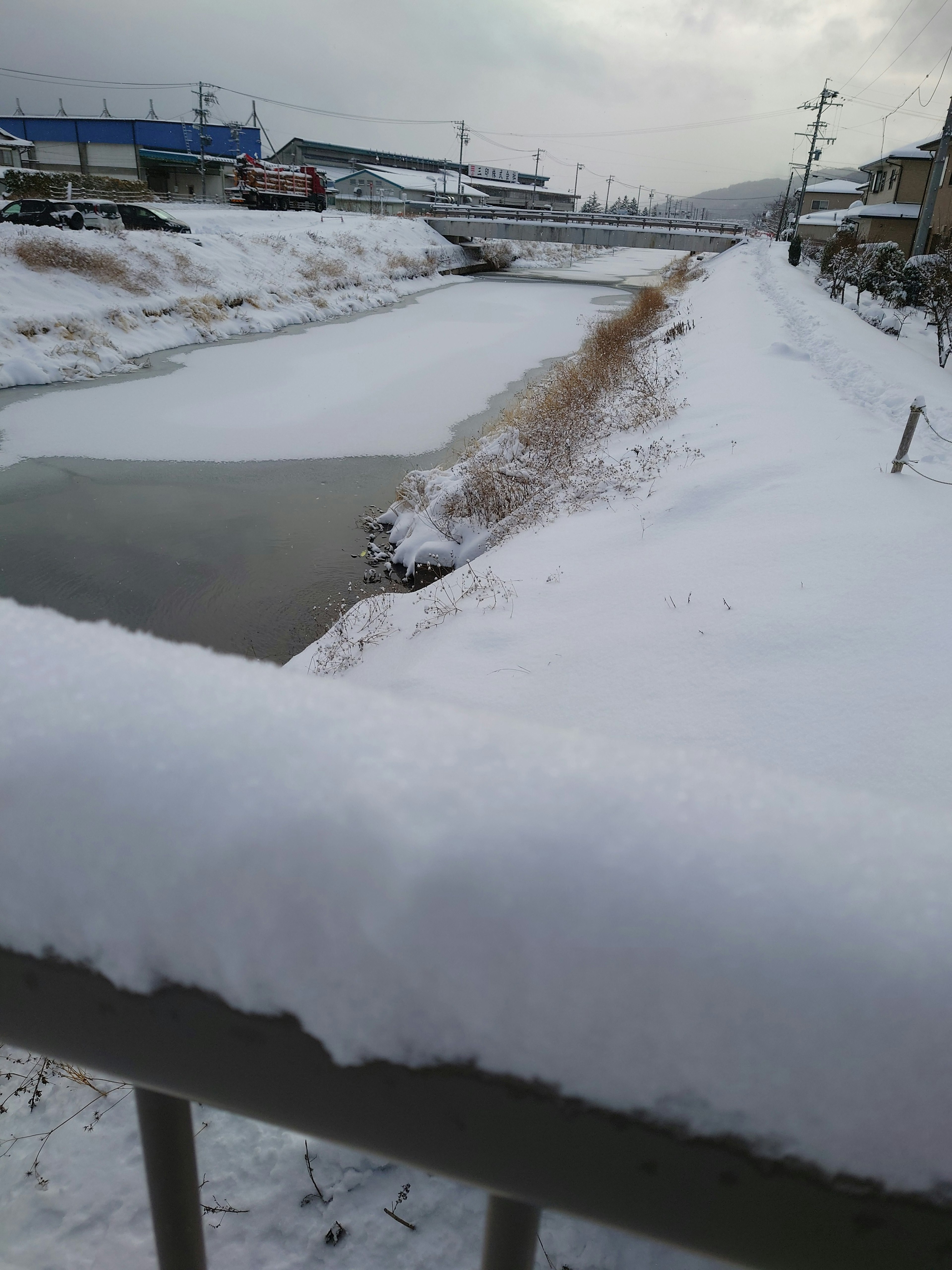 Snow-covered river and surrounding landscape