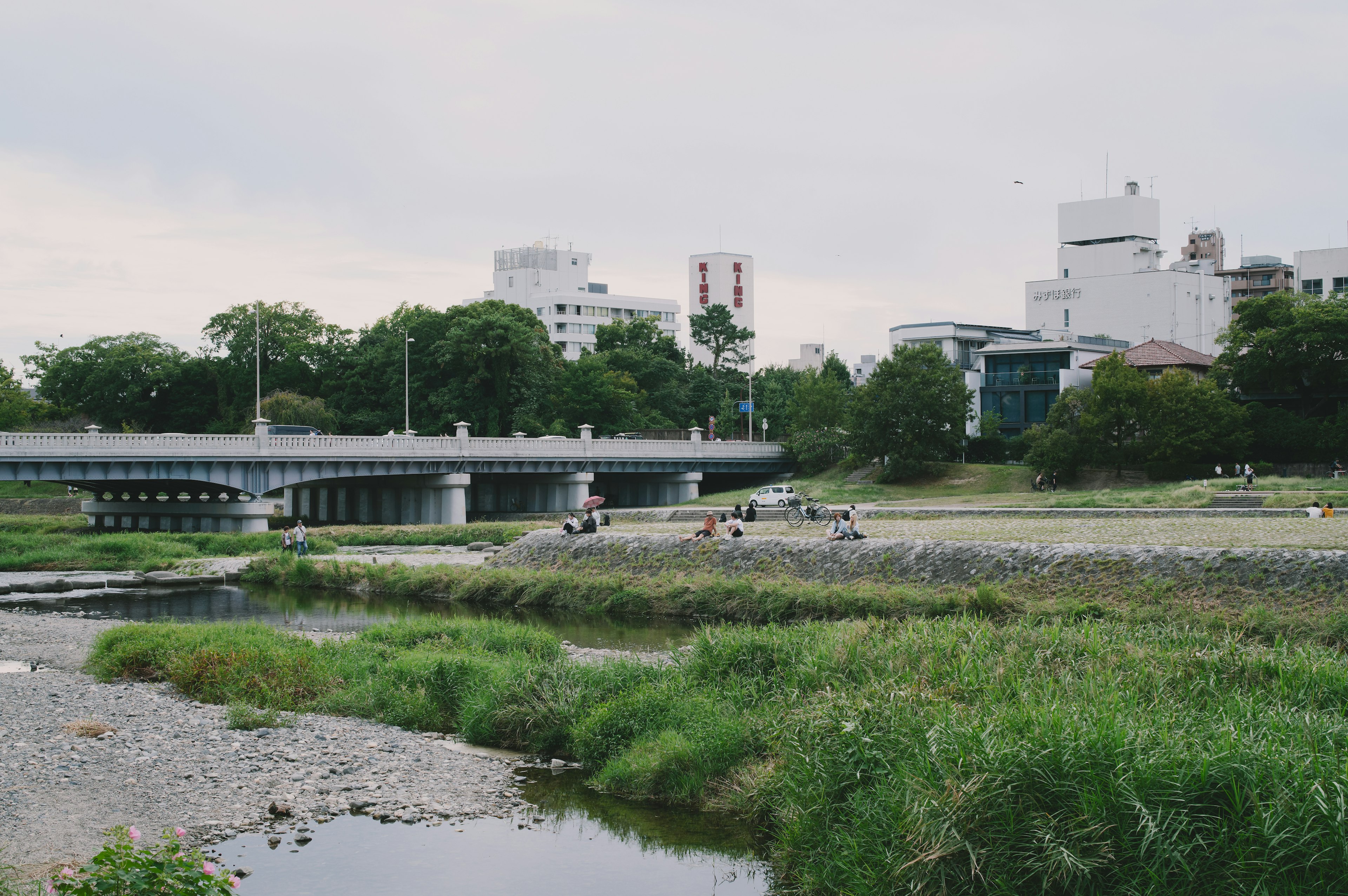 ทิวทัศน์ที่มีสะพานใกล้แม่น้ำและหญ้าสีเขียวชอุ่ม