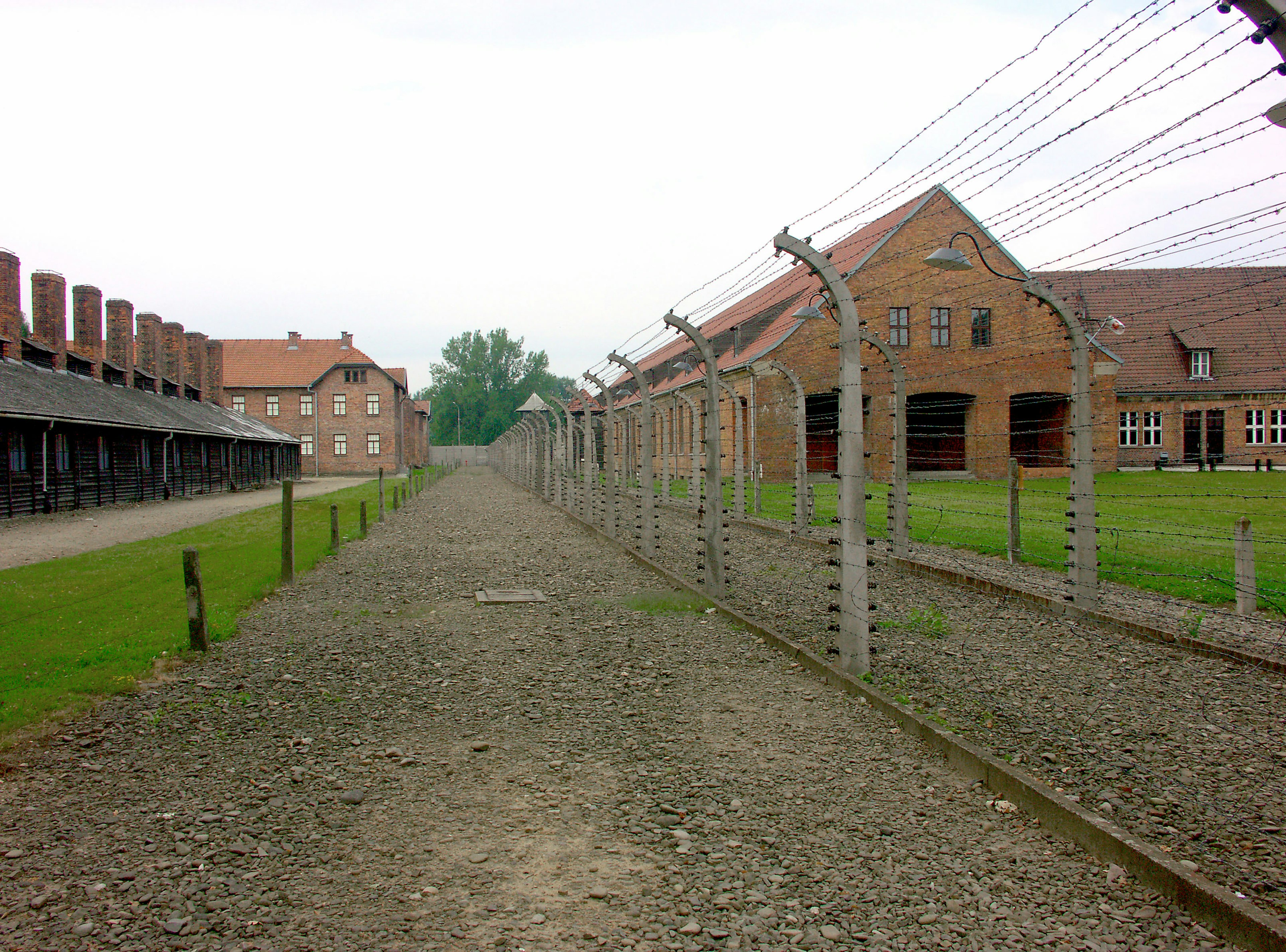 Pemandangan kamp konsentrasi Auschwitz dengan pagar kawat berduri dan bangunan bata