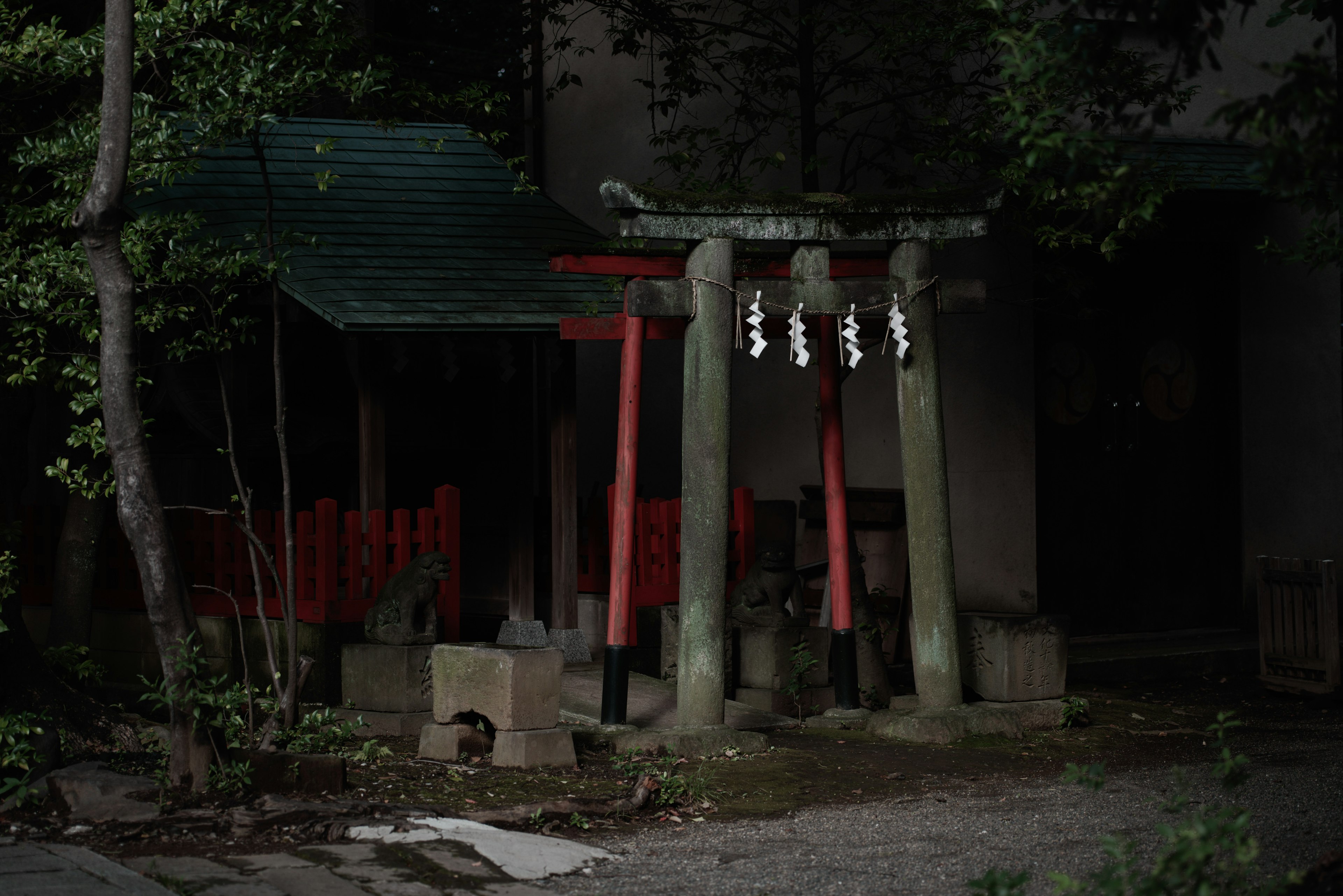 Un piccolo santuario con torii rossi e un tetto verde circondato da alberi