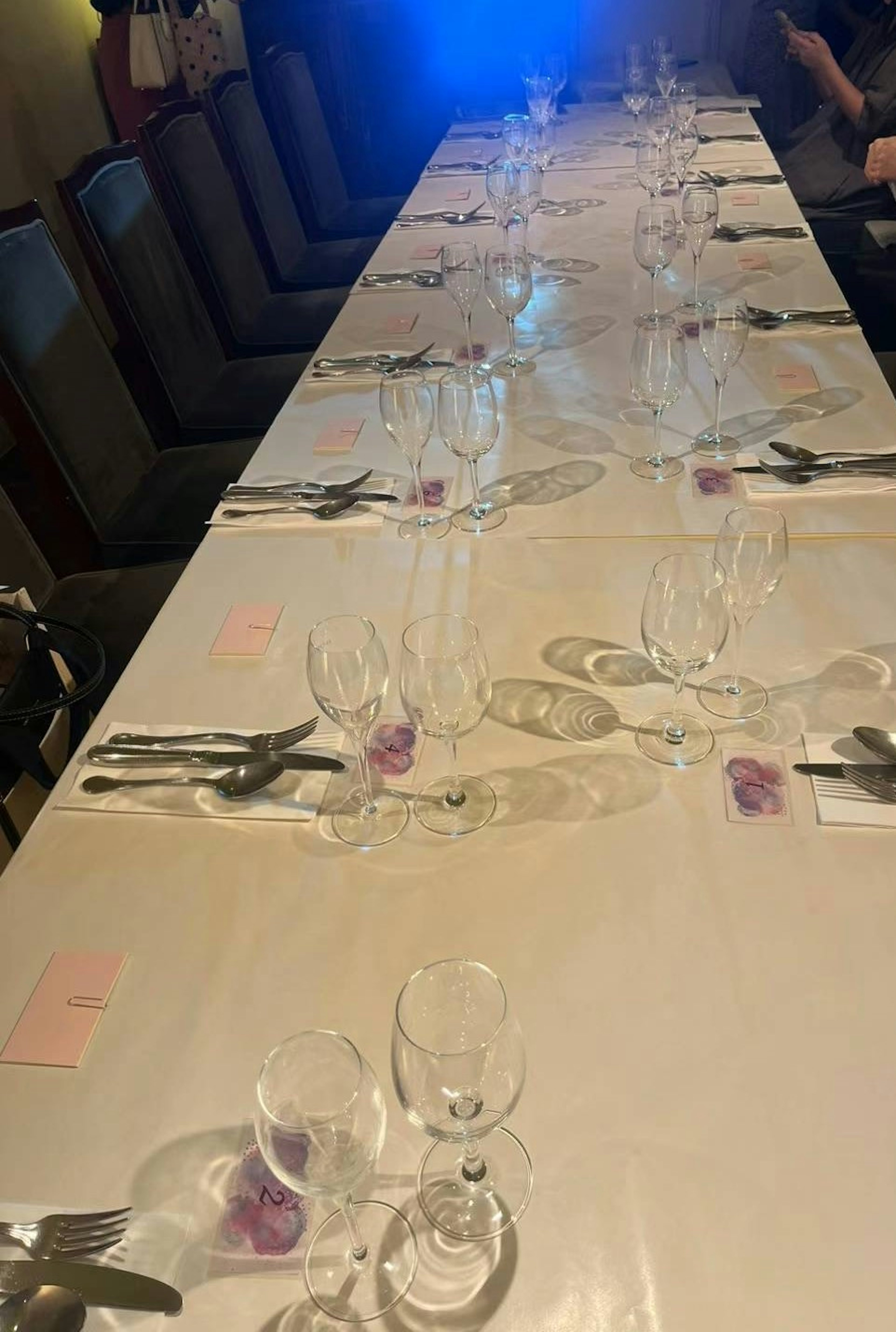 Long dining table set with cutlery and glasses