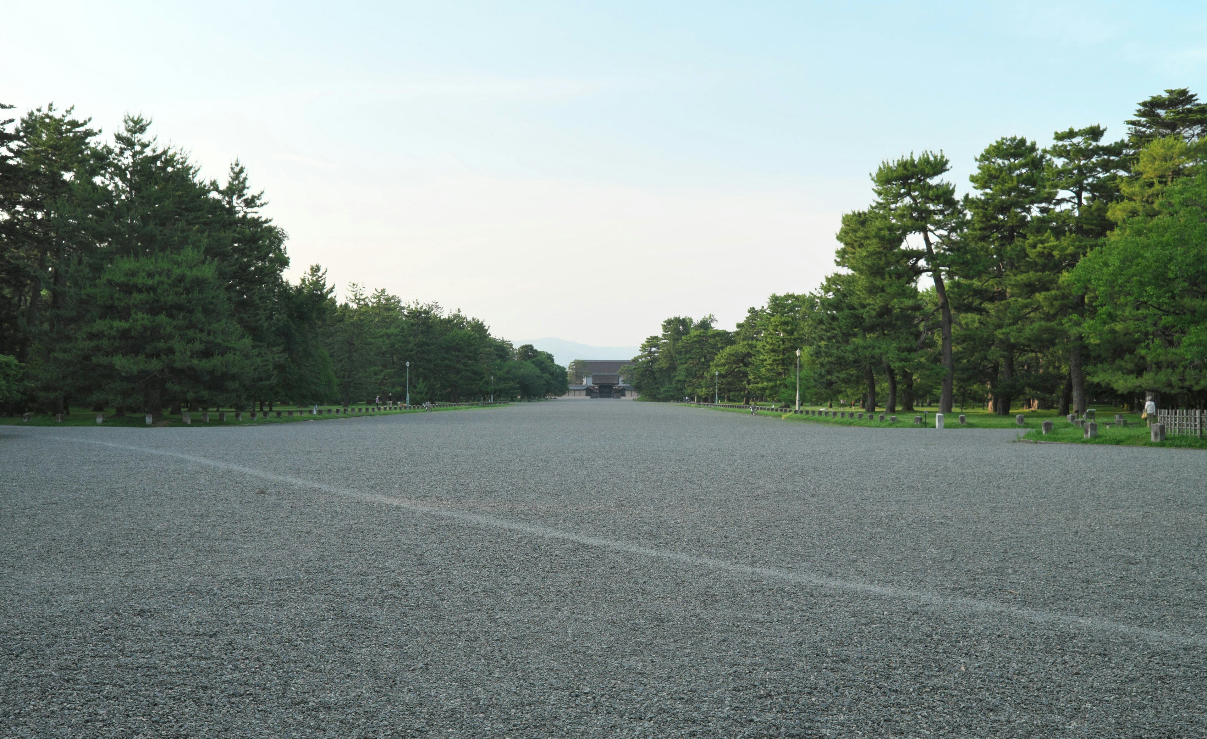 Wide gravel path lined with green trees