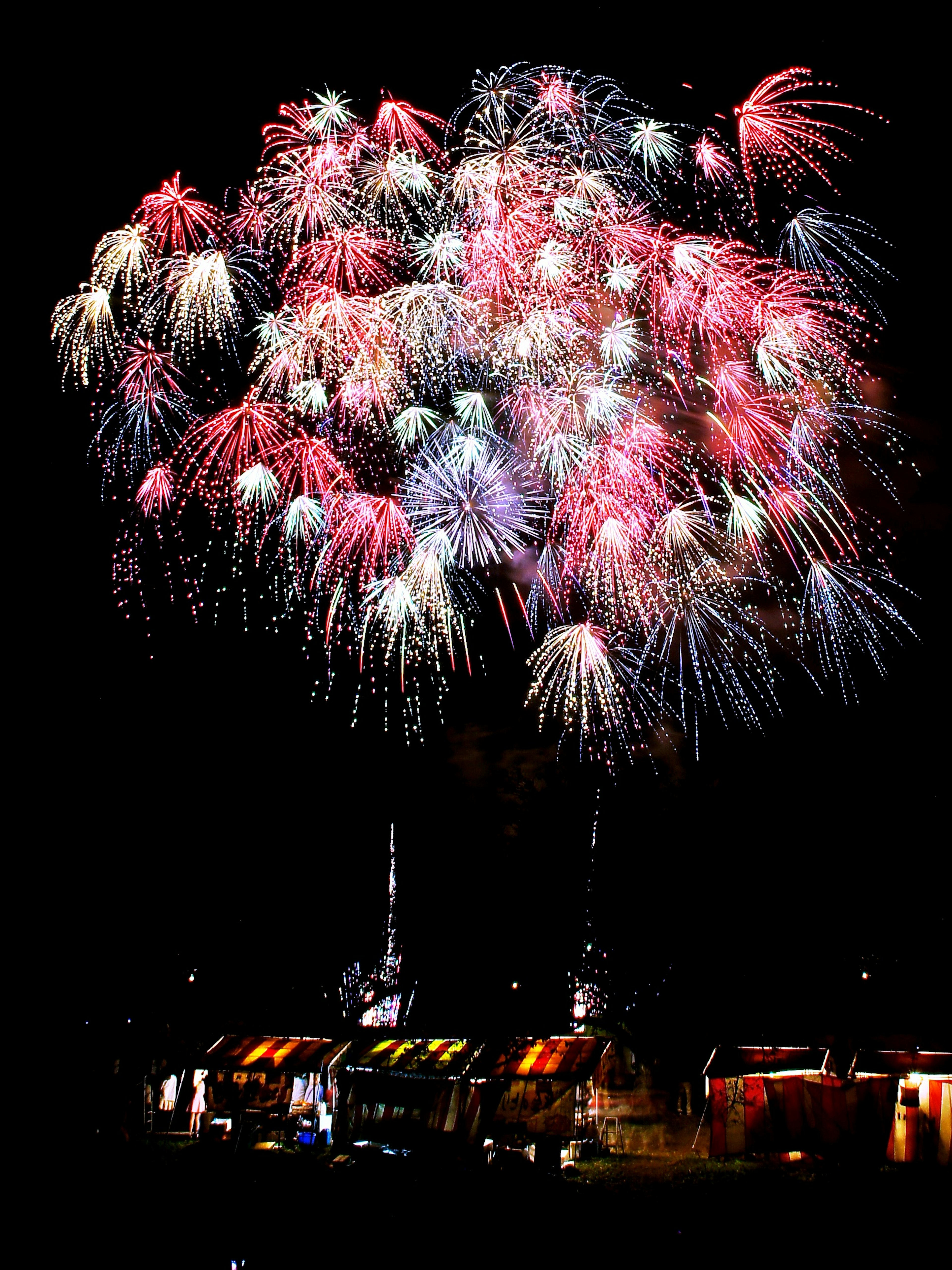 Fuegos artificiales coloridos floreciendo en el cielo nocturno con puestos brillantes abajo