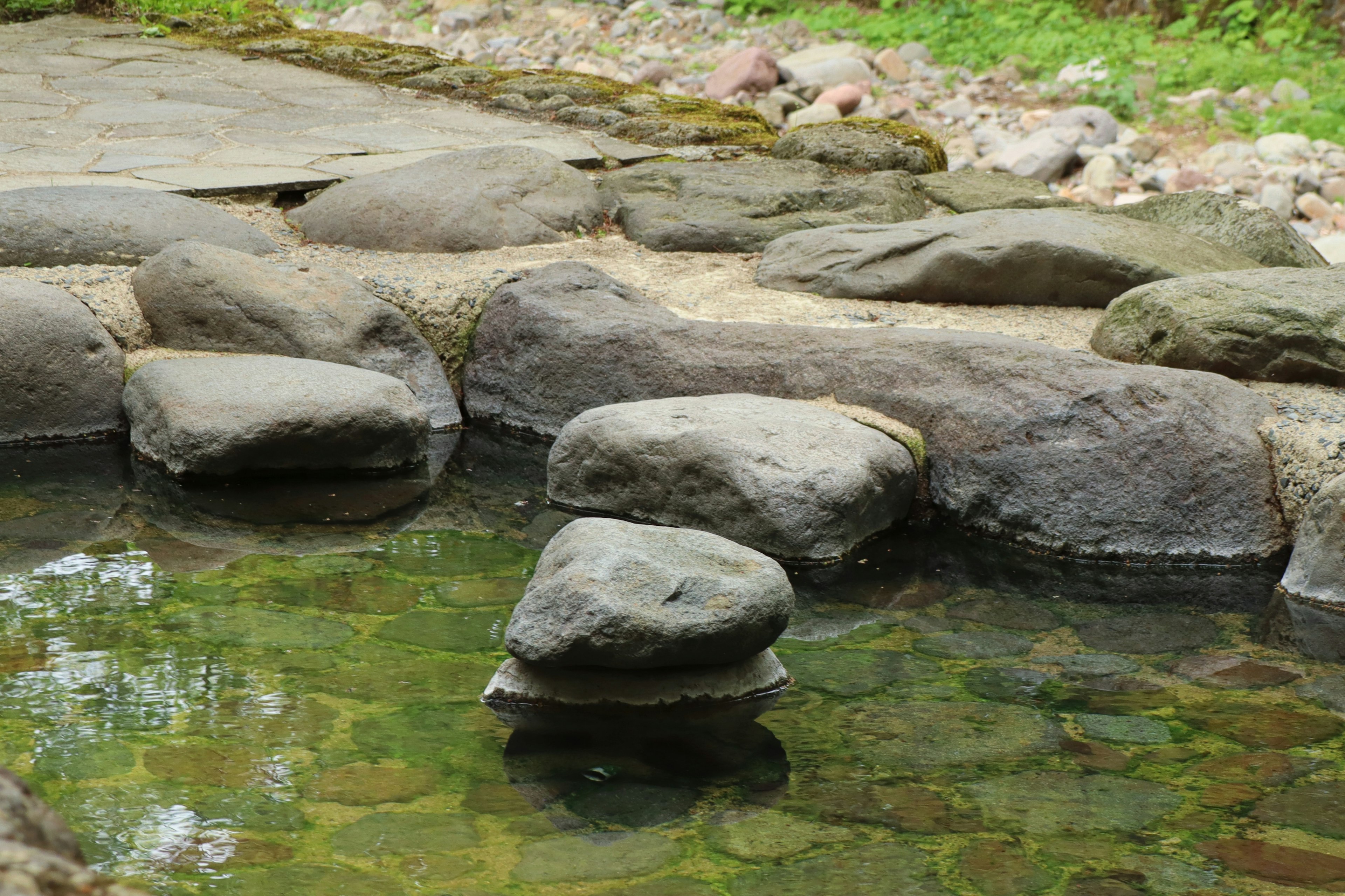 Paesaggio con rocce vicino all'acqua e vegetazione verde