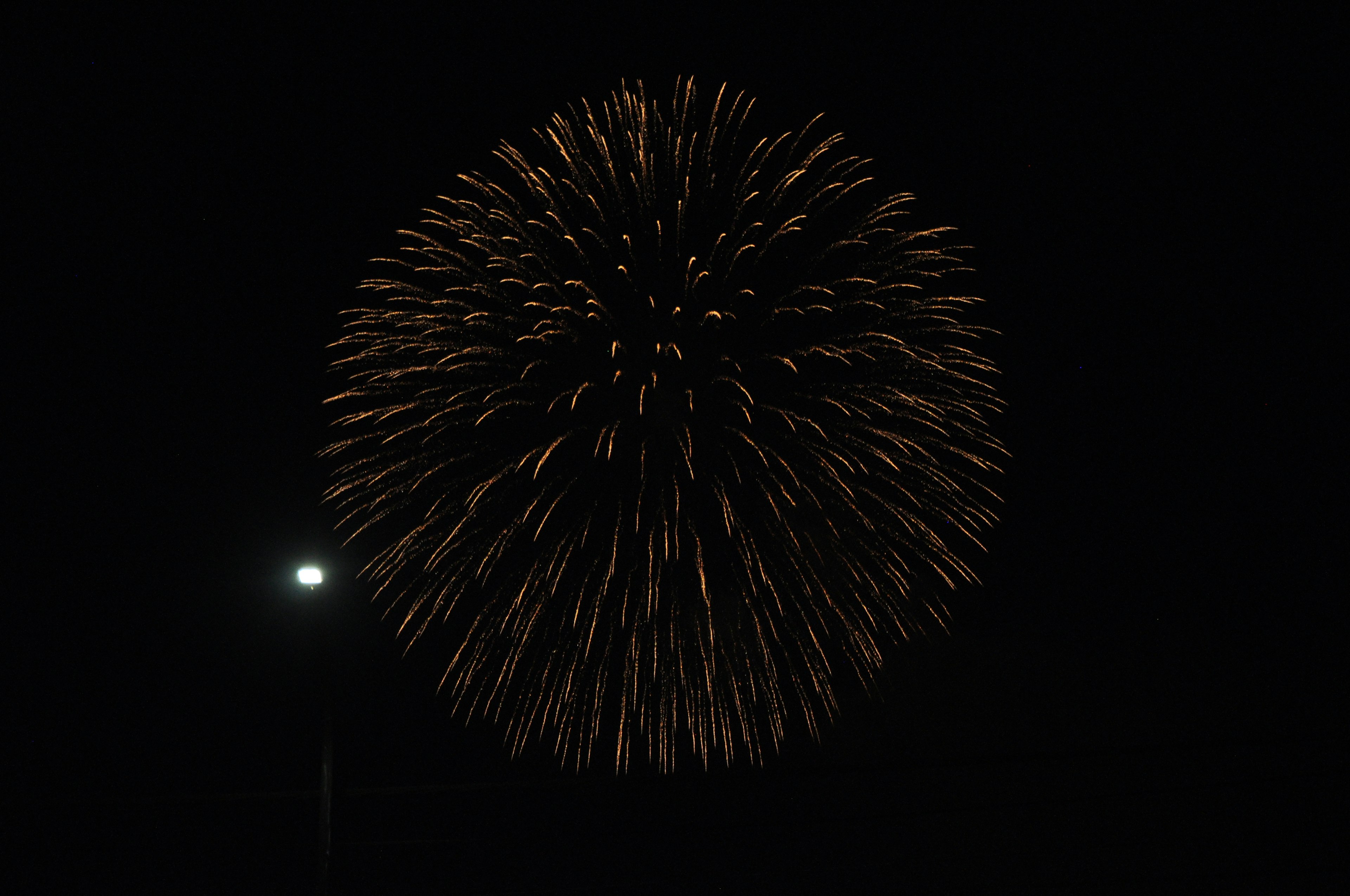 Golden fireworks bursting in the night sky with a streetlight