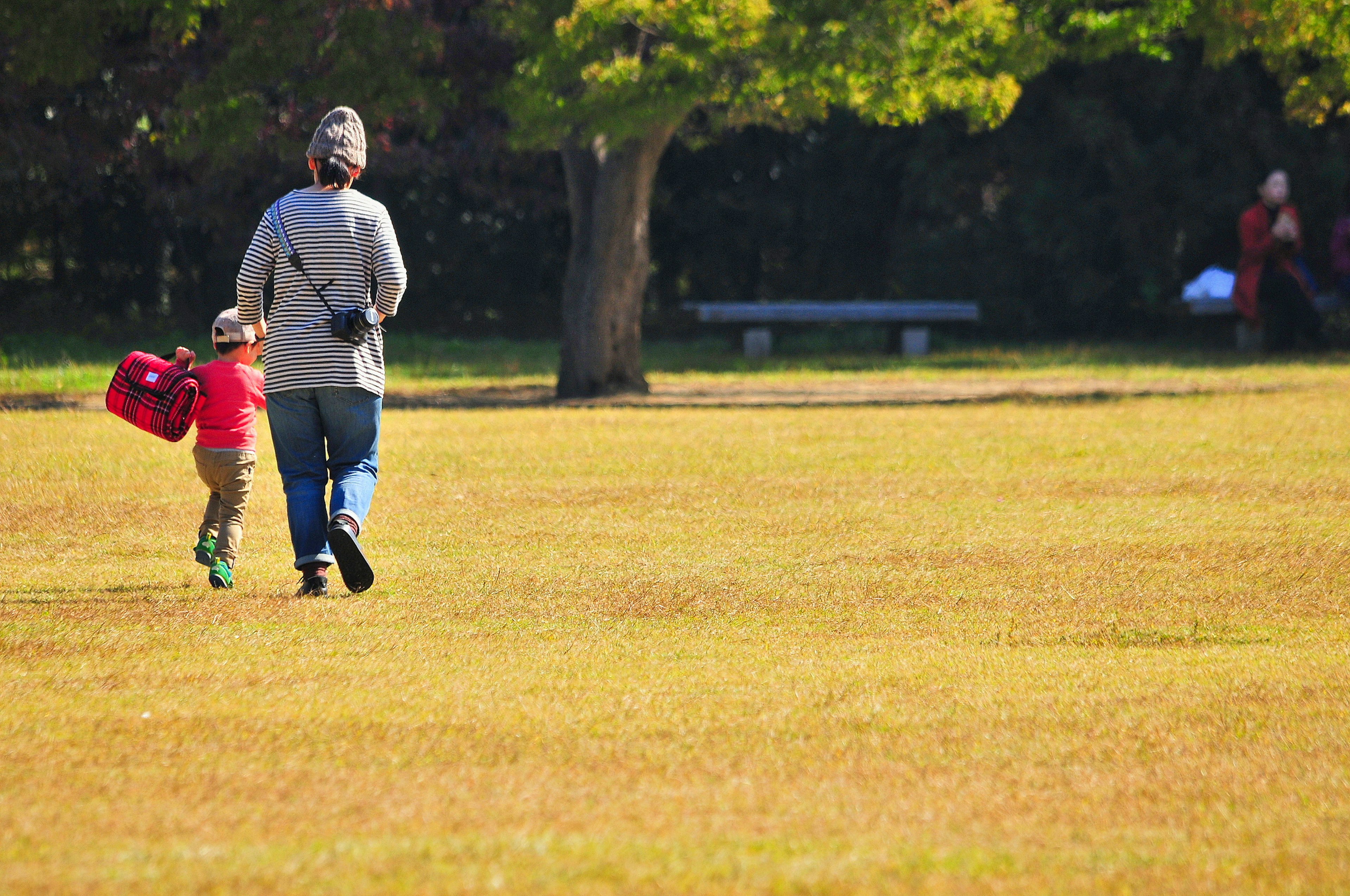 Genitore e bambino che camminano in un parco su un prato verde